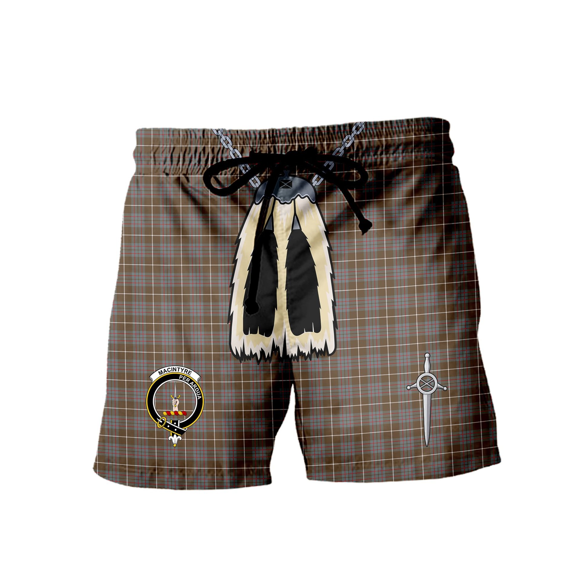 ScotsTee Shop Scottish MacIntyre Hunting Weathered Clan Crest Men's Highland Kilt Sporran Tartan Shorts