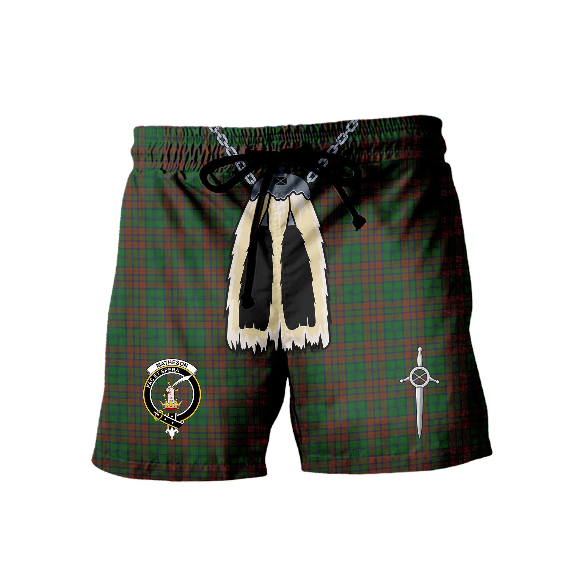 ScotsTee Shop Scottish Matheson Hunting Highland Clan Crest Men's Highland Kilt Sporran Tartan Shorts