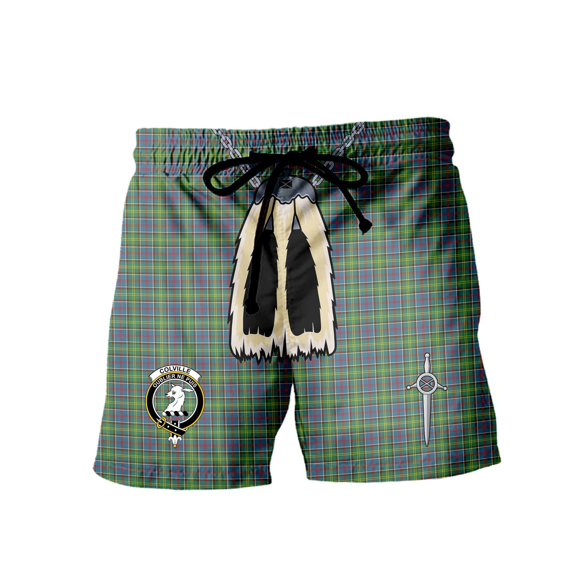 ScotsTee Shop Scottish Colville Clan Crest Men's Highland Kilt Sporran Tartan Shorts