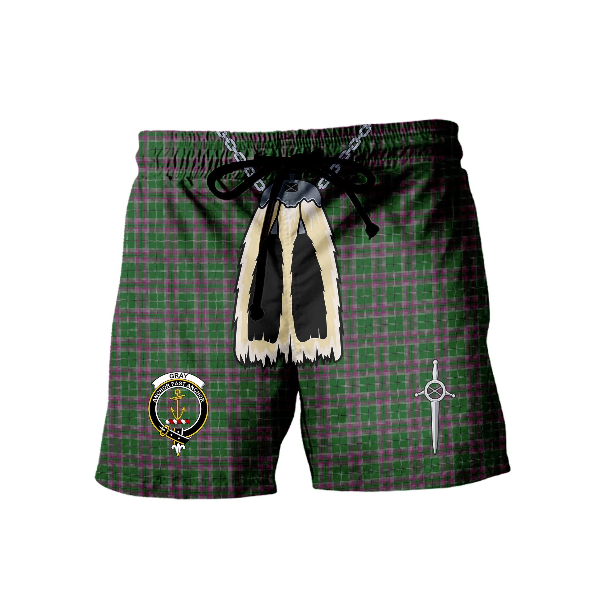 ScotsTee Shop Scottish Gray Hunting Clan Crest Men's Highland Kilt Sporran Tartan Shorts