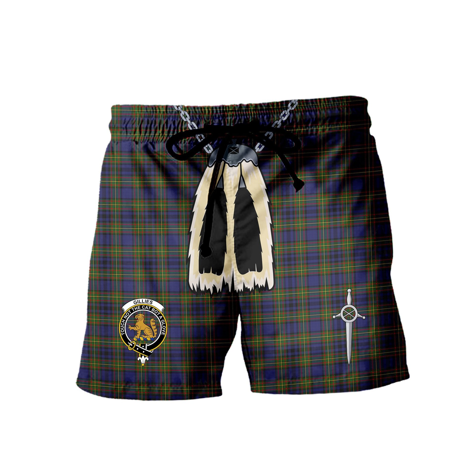 ScotsTee Shop Scottish Gillies 1 Clan Crest Men's Highland Kilt Sporran Tartan Shorts