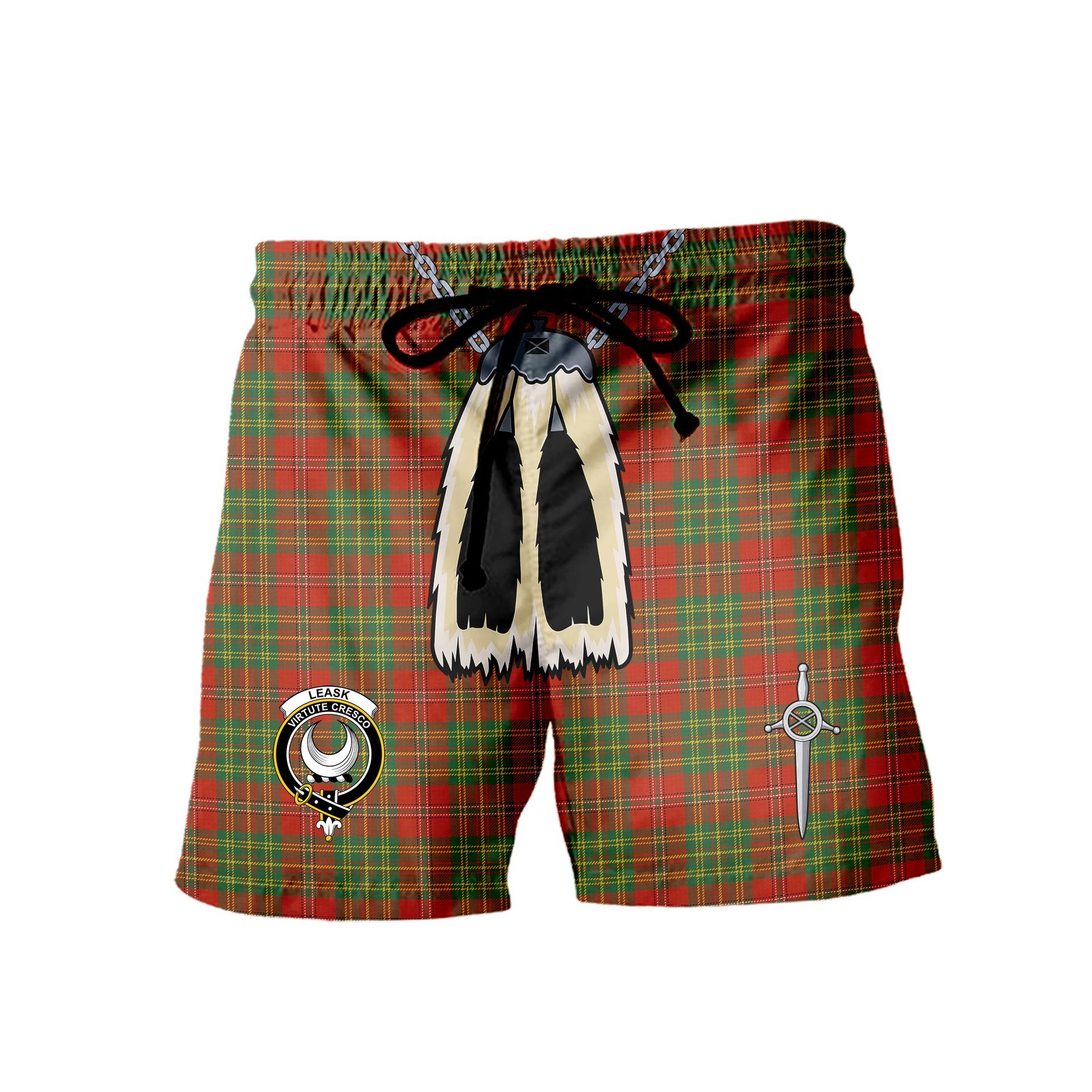 ScotsTee Shop Scottish Leask Ancient Clan Crest Men's Highland Kilt Sporran Tartan Shorts