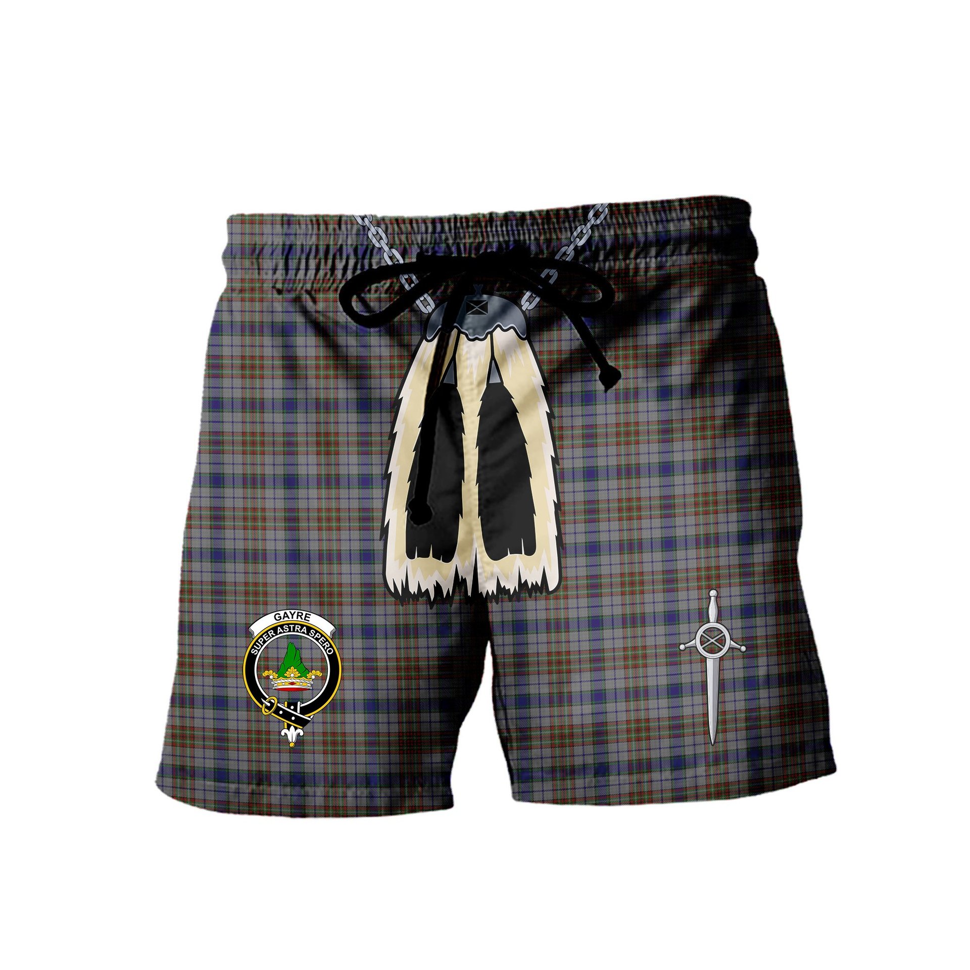 ScotsTee Shop Scottish Gayre Hunting Clan Crest Men's Highland Kilt Sporran Tartan Shorts