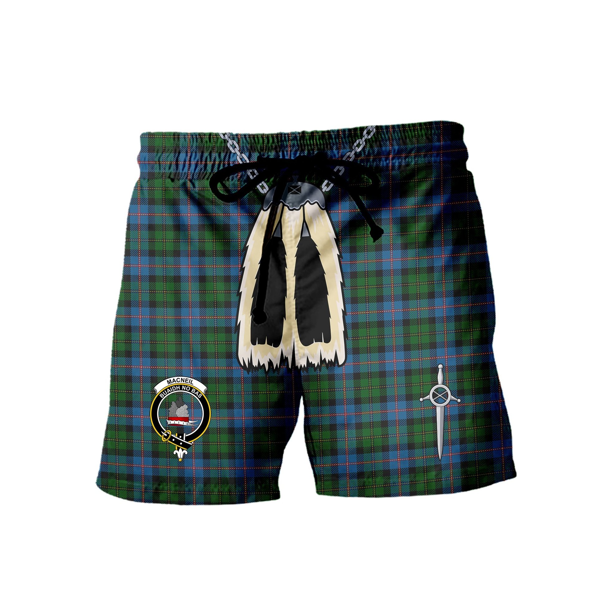 ScotsTee Shop Scottish MacNeil of Barra Chief Clan Crest Men's Highland Kilt Sporran Tartan Shorts