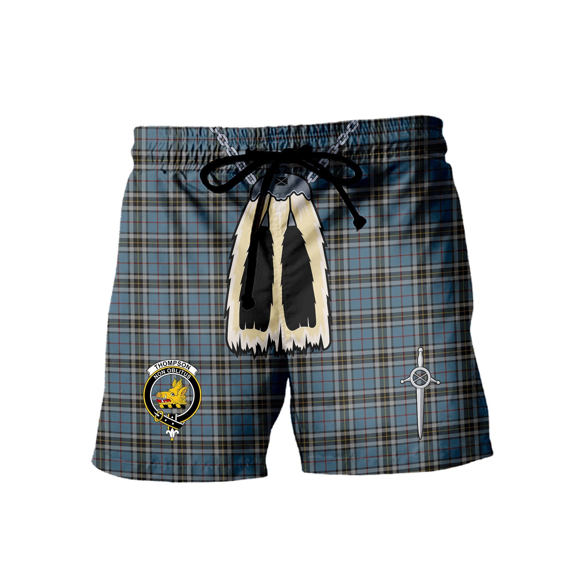 ScotsTee Shop Scottish Thompson Clan Crest Men's Highland Kilt Sporran Tartan Shorts