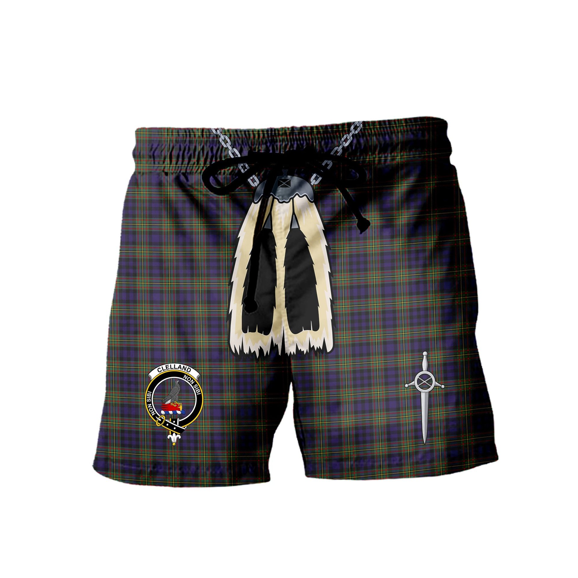 ScotsTee Shop Scottish Clelland SC Clan Crest Men's Highland Kilt Sporran Tartan Shorts
