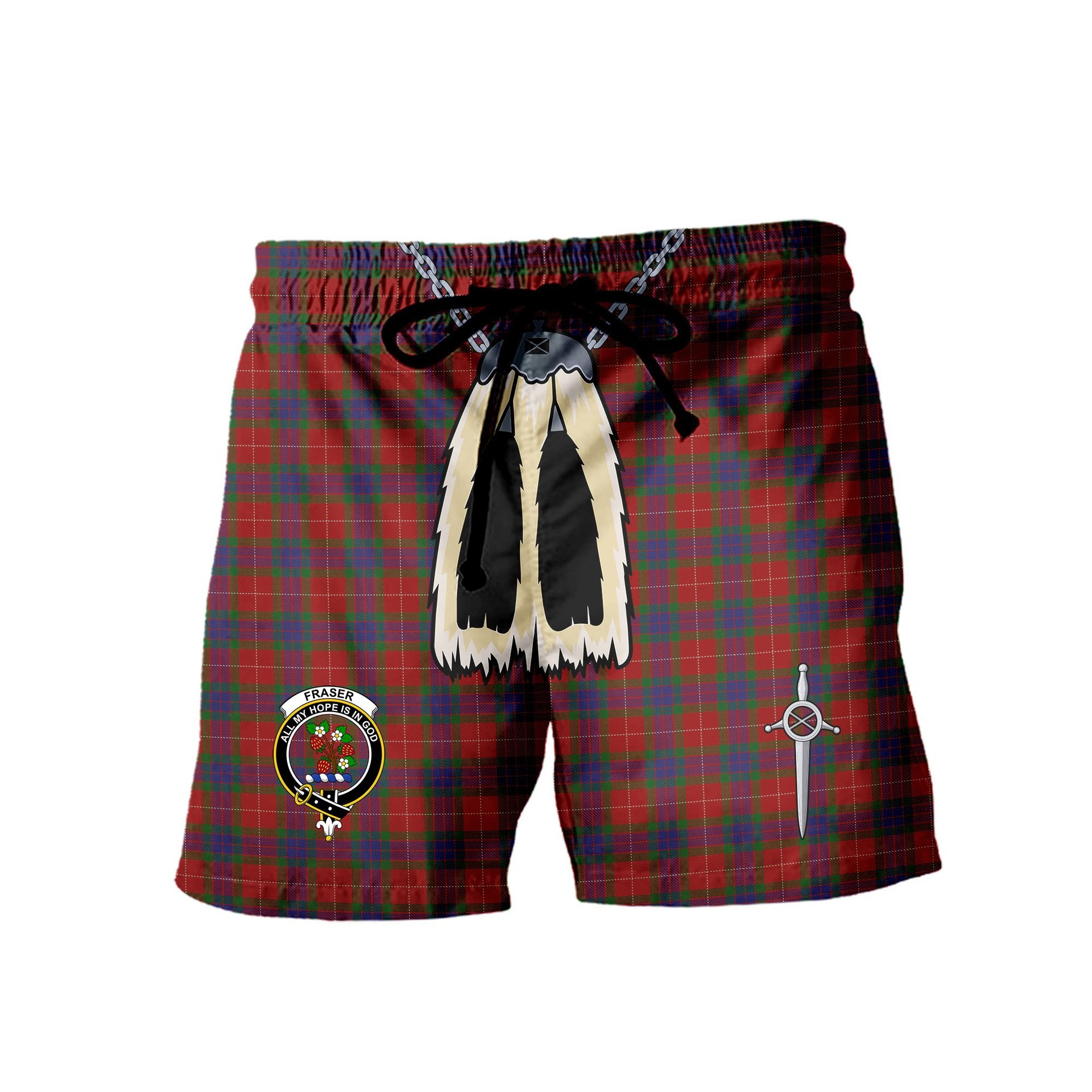 ScotsTee Shop Scottish Fraser 1842 Clan Crest Men's Highland Kilt Sporran Tartan Shorts