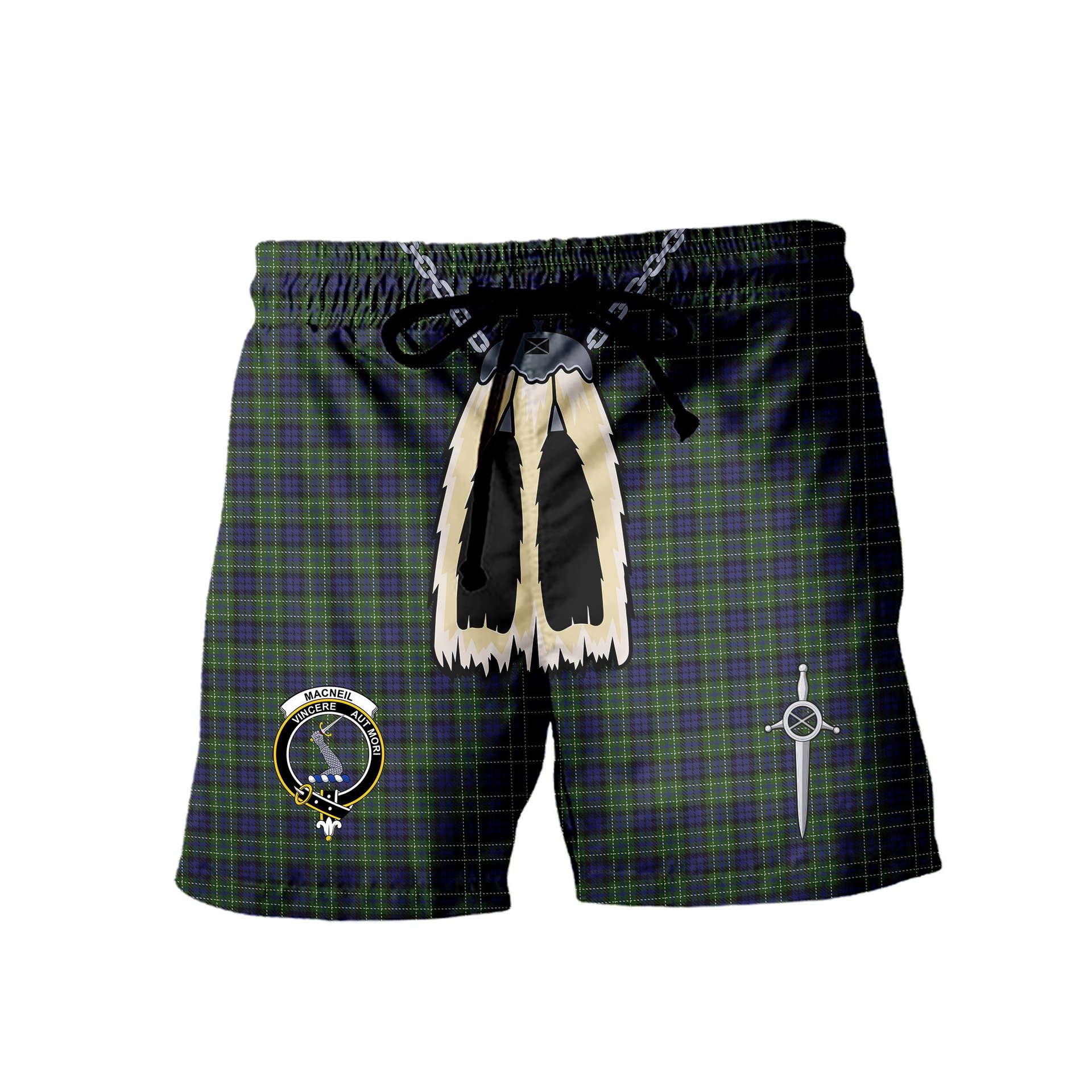 ScotsTee Shop Scottish MacNeil of Colonsay Clan Crest Men's Highland Kilt Sporran Tartan Shorts