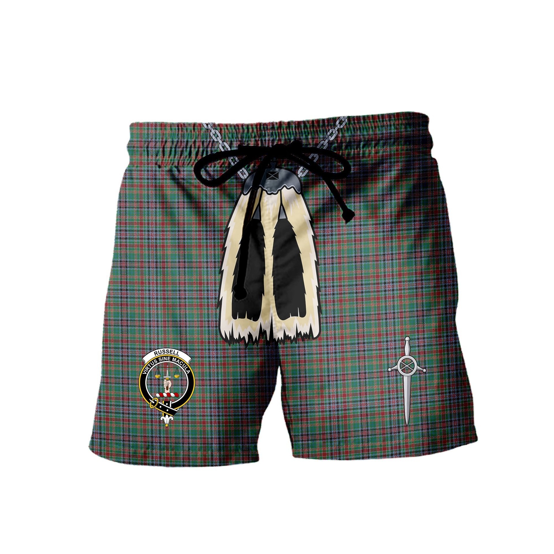 ScotsTee Shop Scottish Russell Old Ancient Clan Crest Men's Highland Kilt Sporran Tartan Shorts