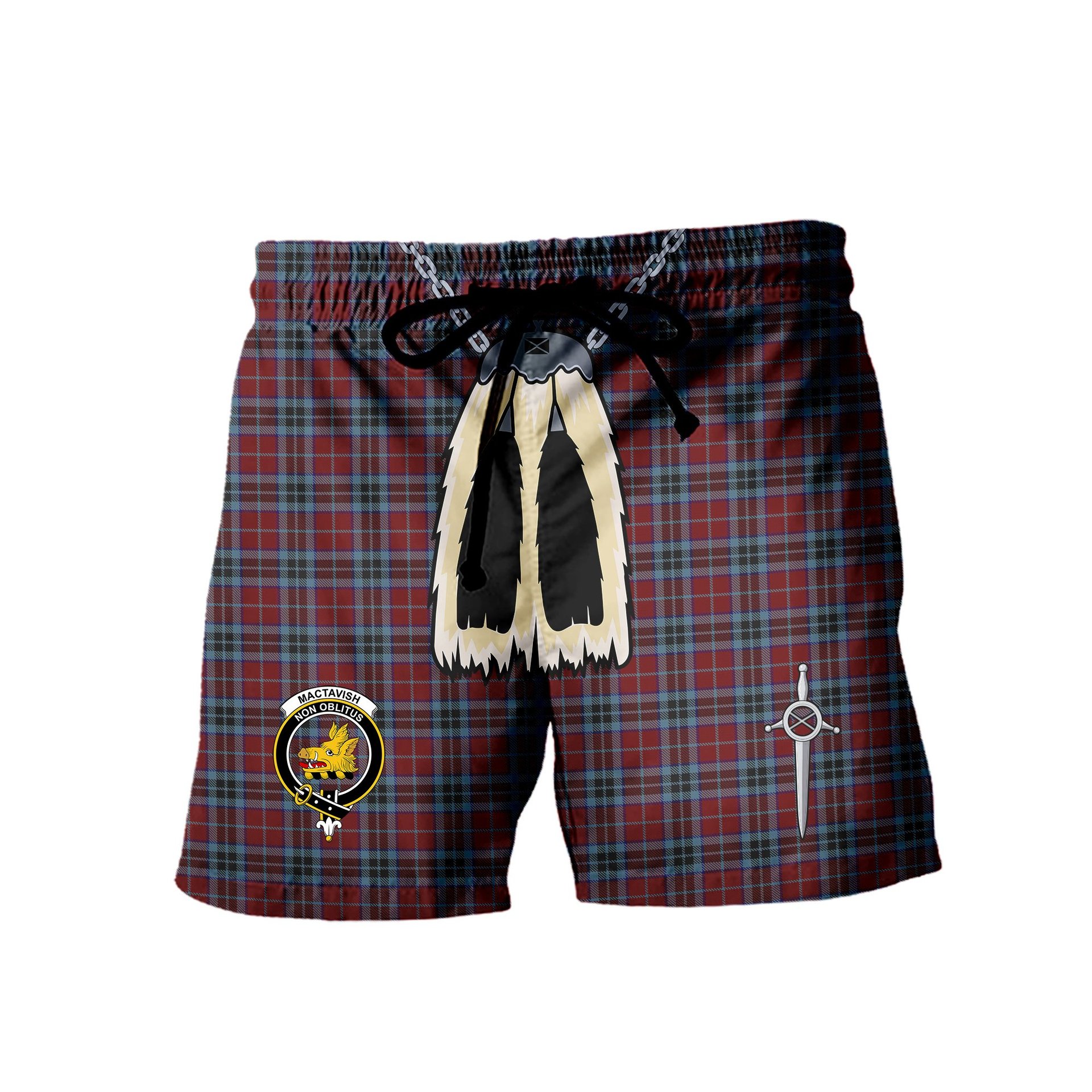 ScotsTee Shop Scottish MacTavish 2 Clan Crest Men's Highland Kilt Sporran Tartan Shorts