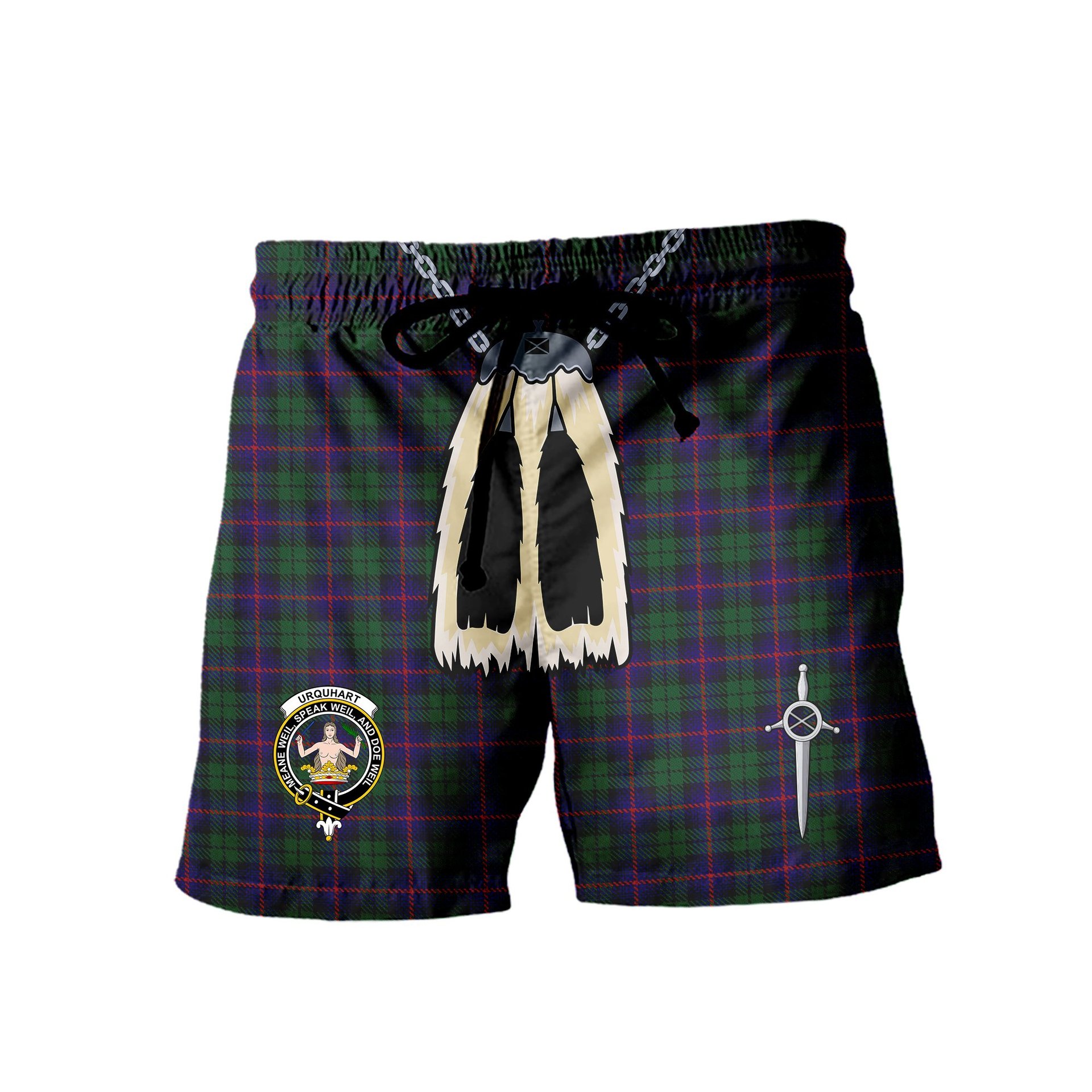 ScotsTee Shop Scottish Urquhart Clan Crest Men's Highland Kilt Sporran Tartan Shorts