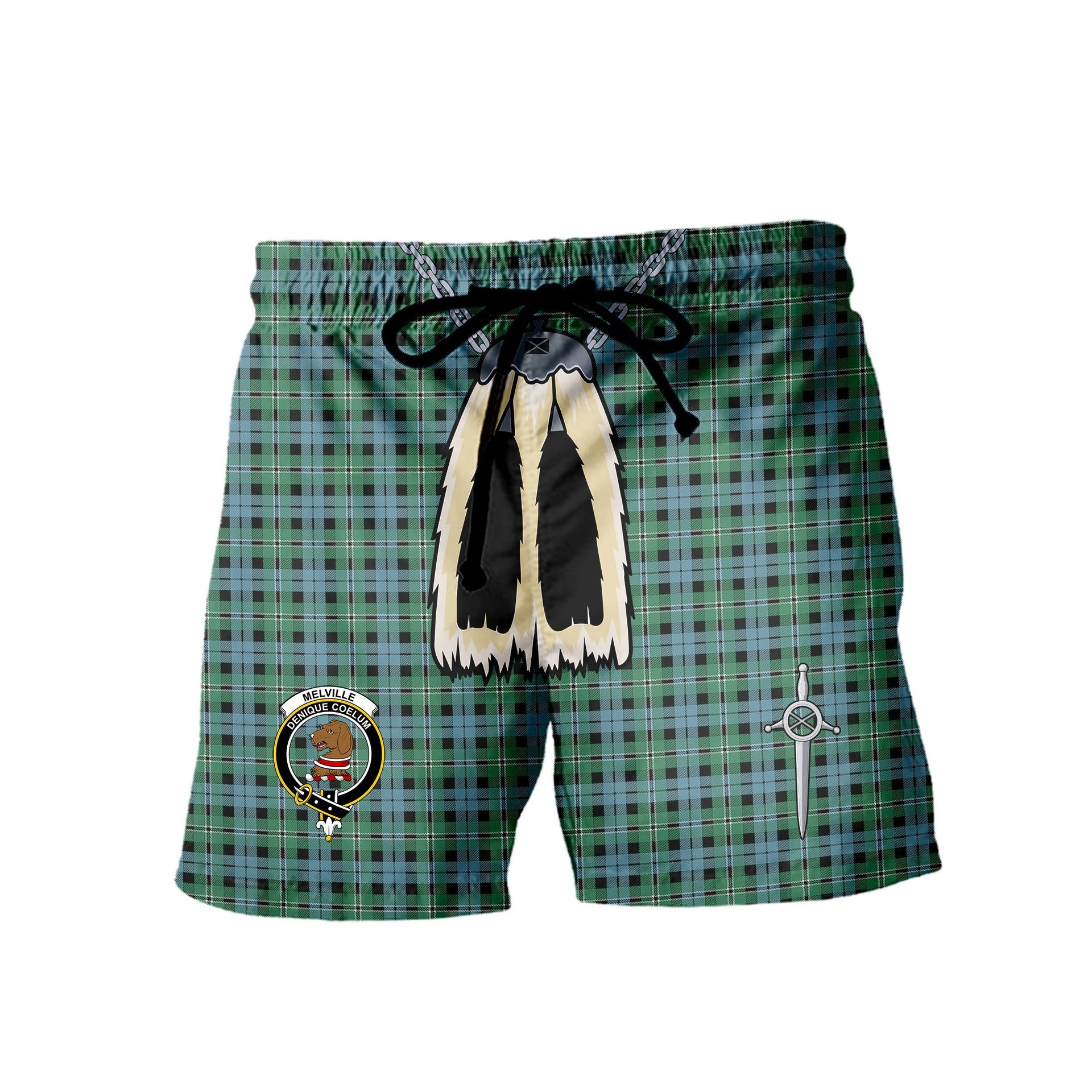 ScotsTee Shop Scottish Melville Modern Clan Crest Men's Highland Kilt Sporran Tartan Shorts