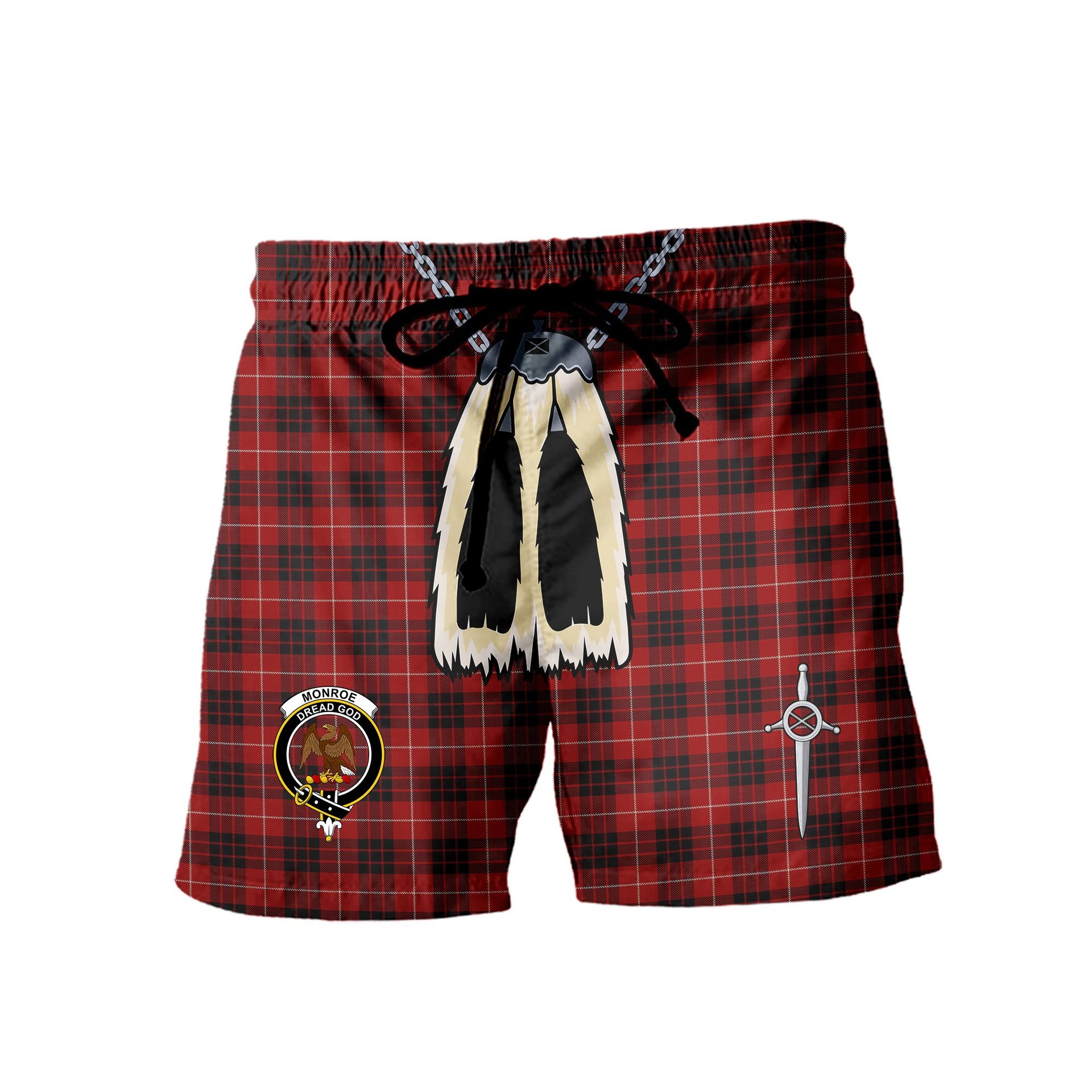 ScotsTee Shop Scottish Monroe Black and Red Clan Crest Men's Highland Kilt Sporran Tartan Shorts