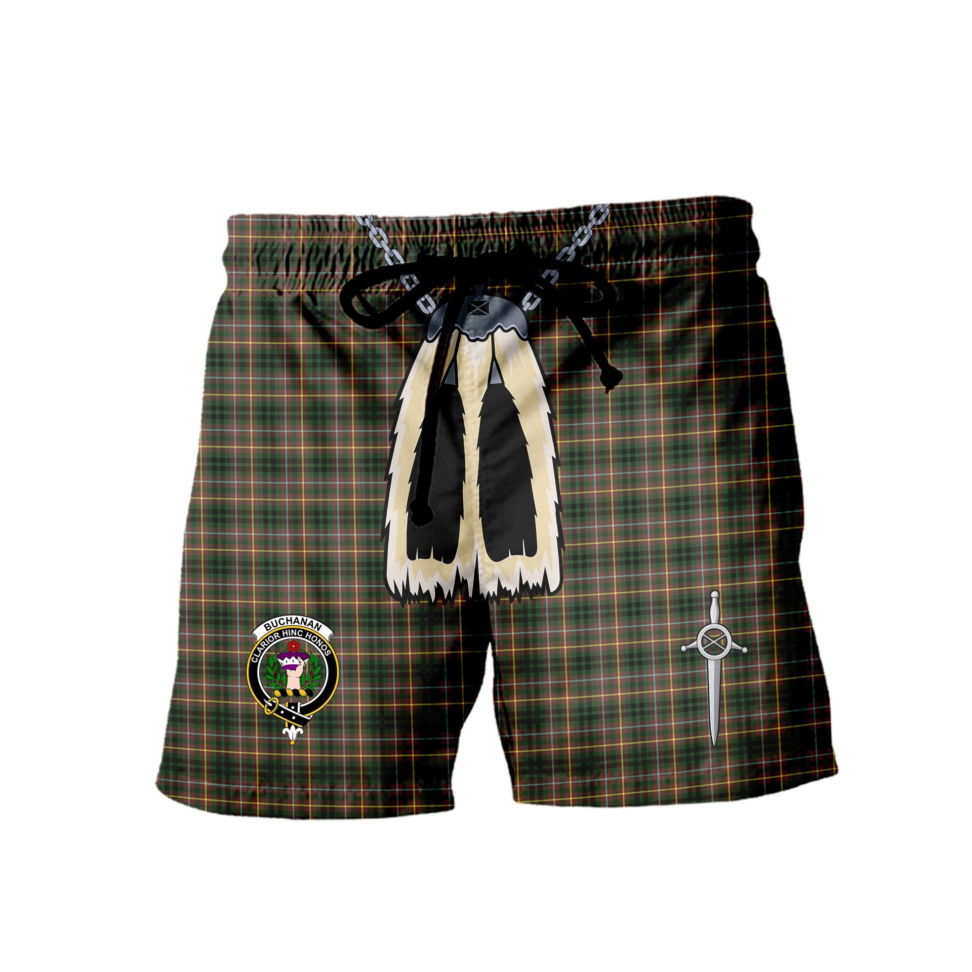 ScotsTee Shop Scottish Buchanan Hunting SC Clan Crest Men's Highland Kilt Sporran Tartan Shorts