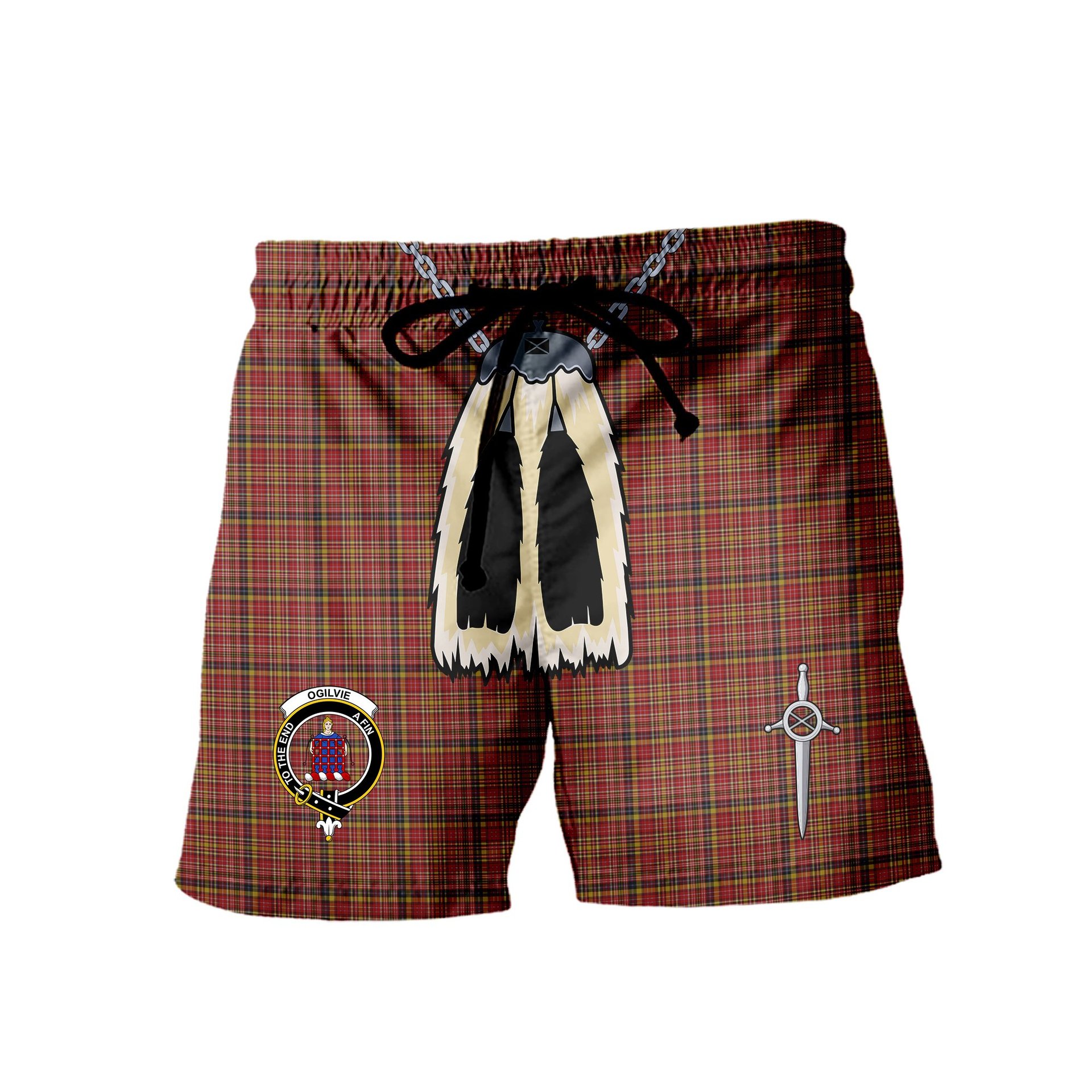 ScotsTee Shop Scottish Ogilvie (Ogilvy) of Strathallan Clan Crest Men's Highland Kilt Sporran Tartan Shorts