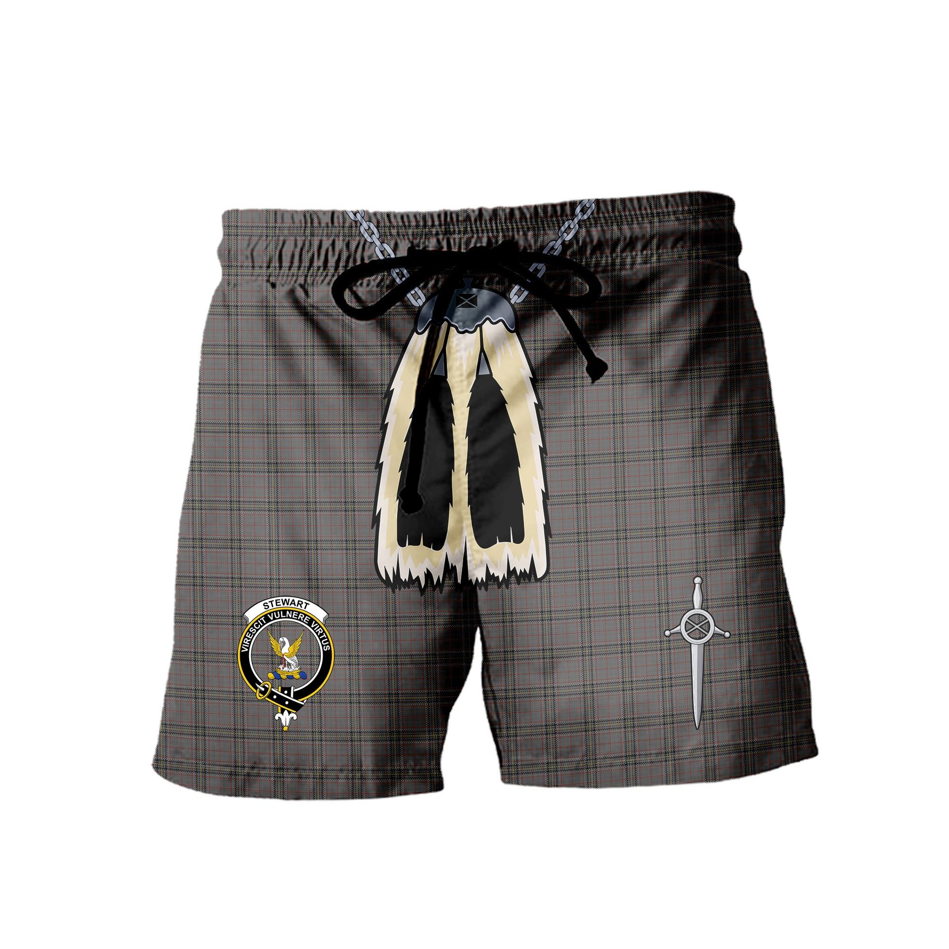ScotsTee Shop Scottish Stewart Grey Clan Crest Men's Highland Kilt Sporran Tartan Shorts