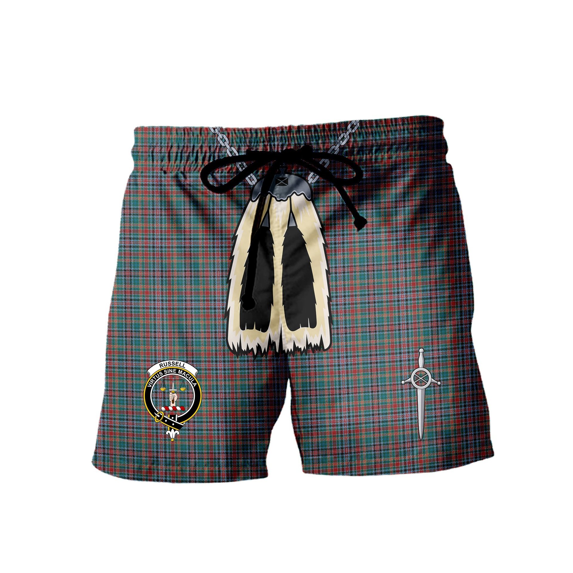 ScotsTee Shop Scottish Russell Old Modern Clan Crest Men's Highland Kilt Sporran Tartan Shorts