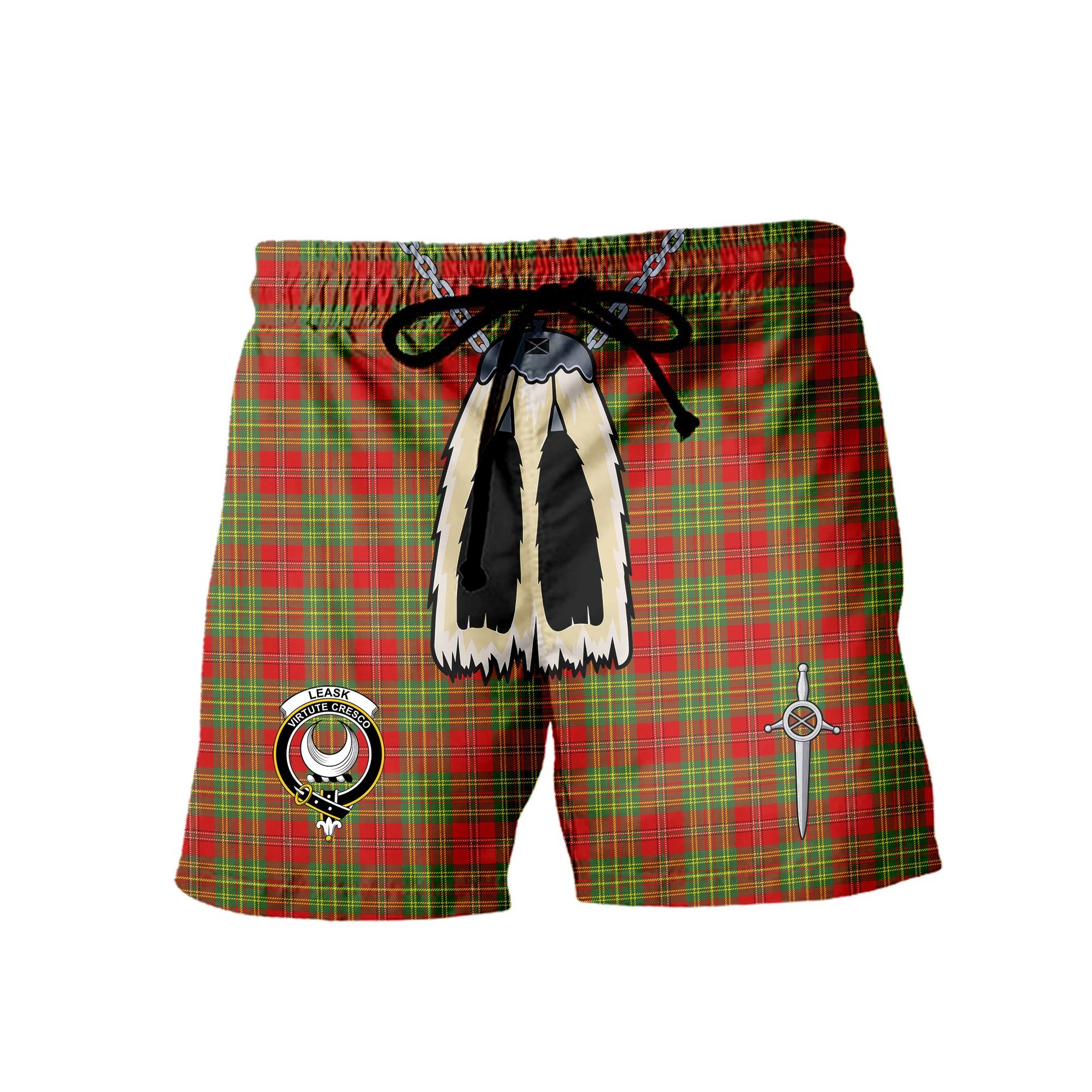 ScotsTee Shop Scottish Leask Modern Clan Crest Men's Highland Kilt Sporran Tartan Shorts