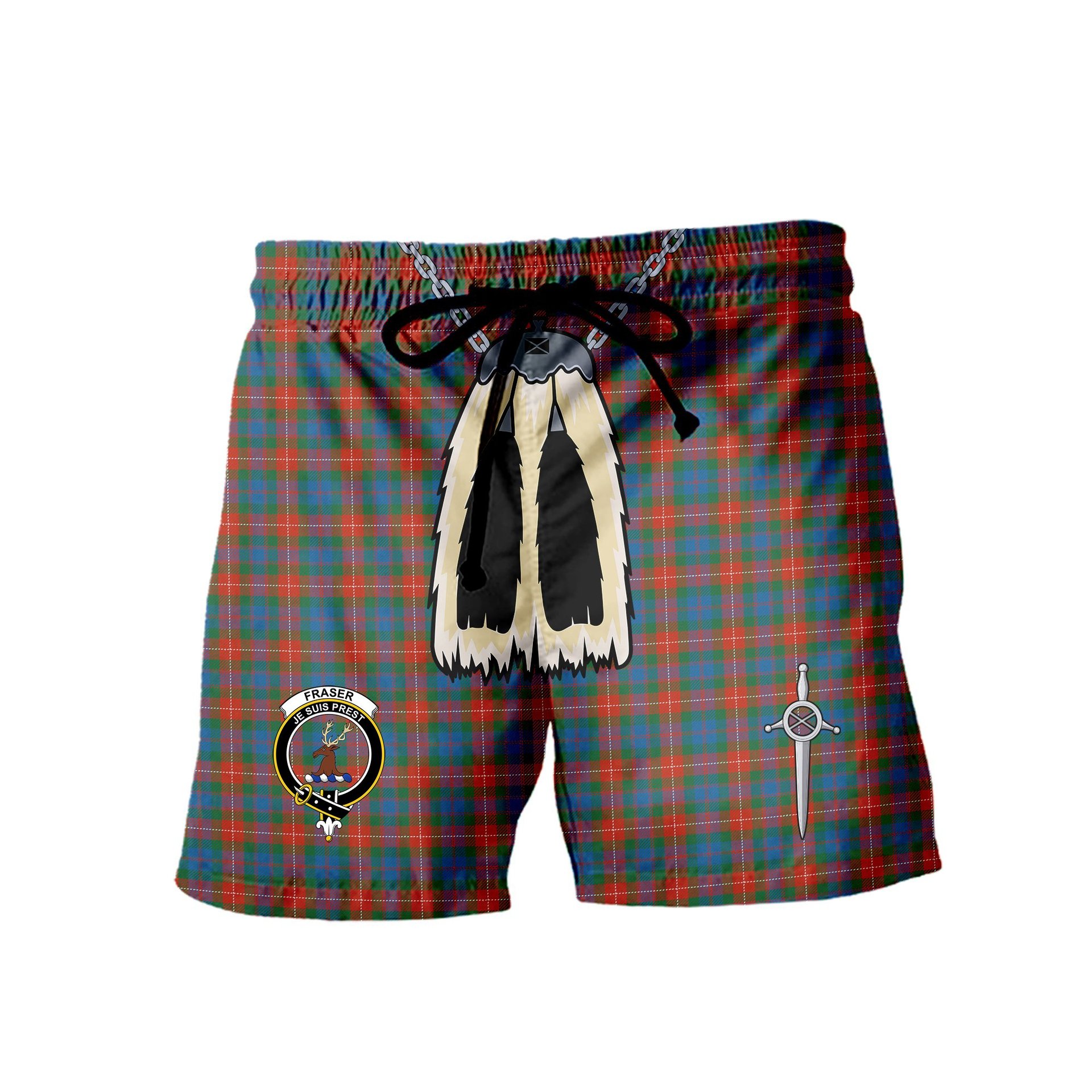 ScotsTee Shop Scottish Fraser of Lovat Ancient Clan Crest Men's Highland Kilt Sporran Tartan Shorts