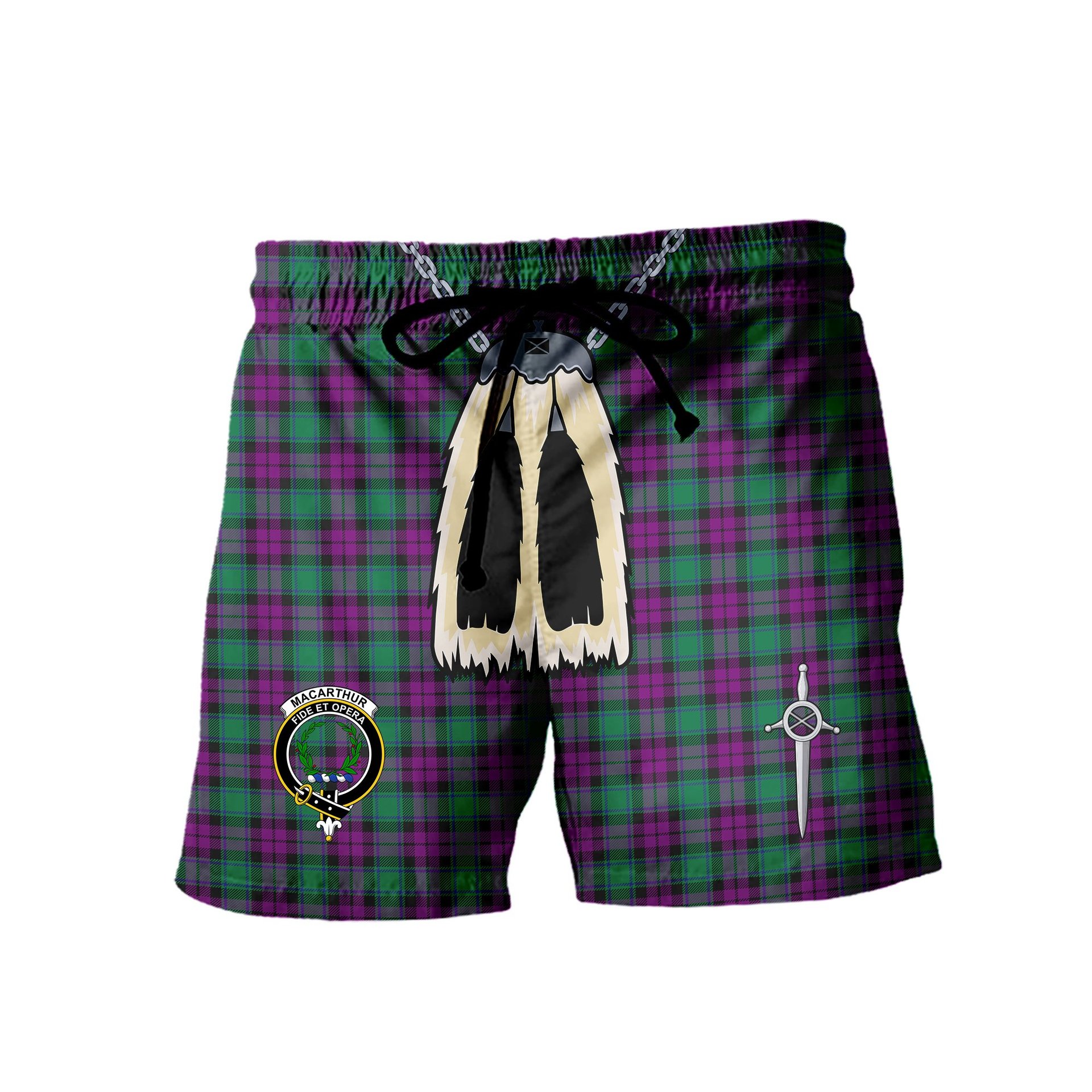 ScotsTee Shop Scottish MacArthur Milton Clan Crest Men's Highland Kilt Sporran Tartan Shorts