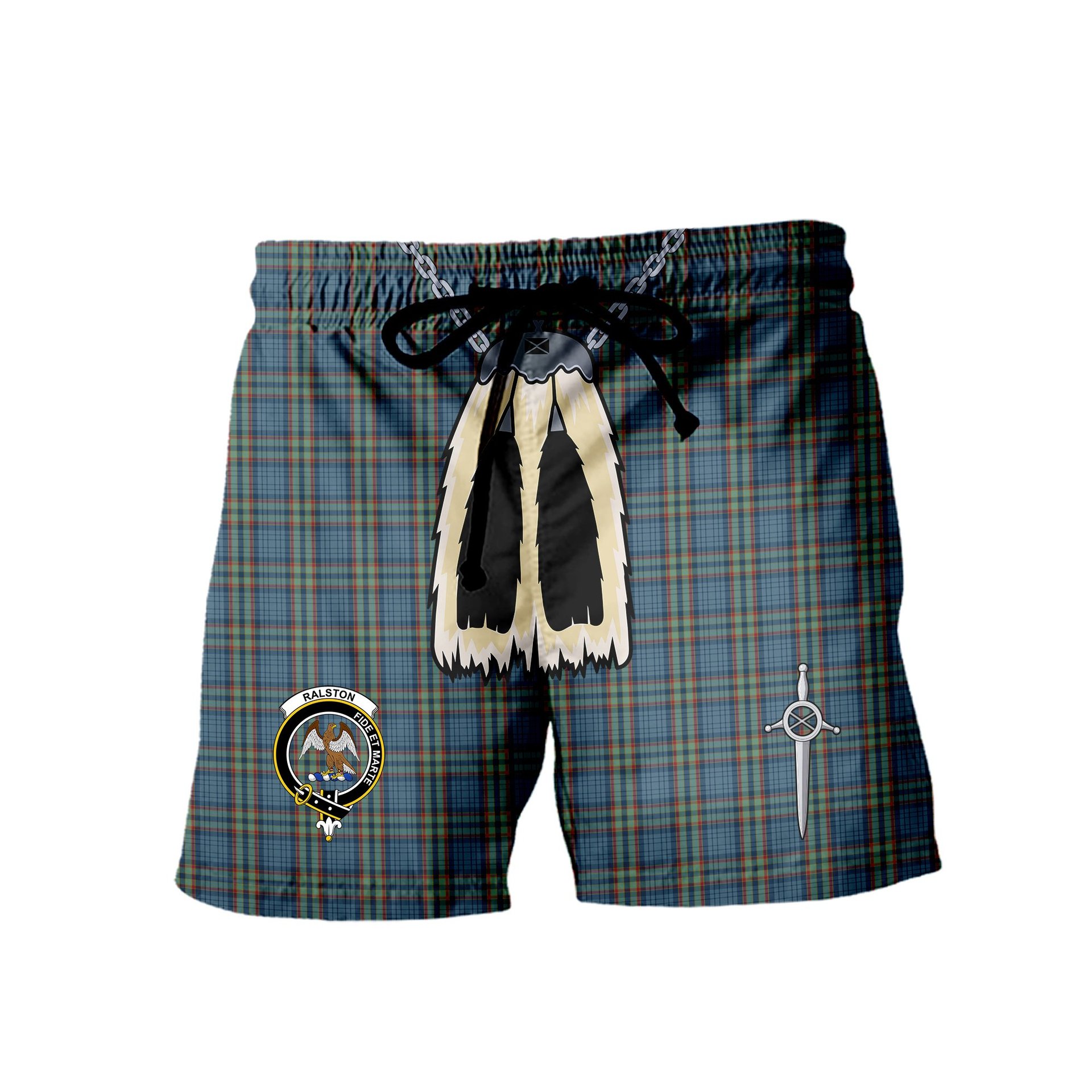 ScotsTee Shop Scottish Ralston UK Clan Crest Men's Highland Kilt Sporran Tartan Shorts