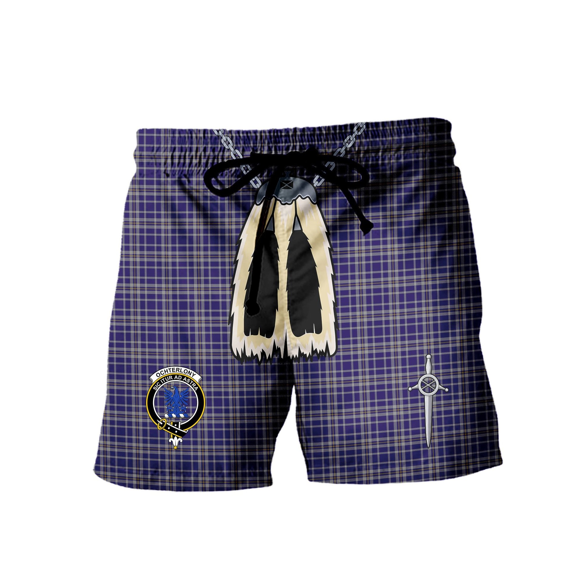 ScotsTee Shop Scottish Ochterlony SC Clan Crest Men's Highland Kilt Sporran Tartan Shorts