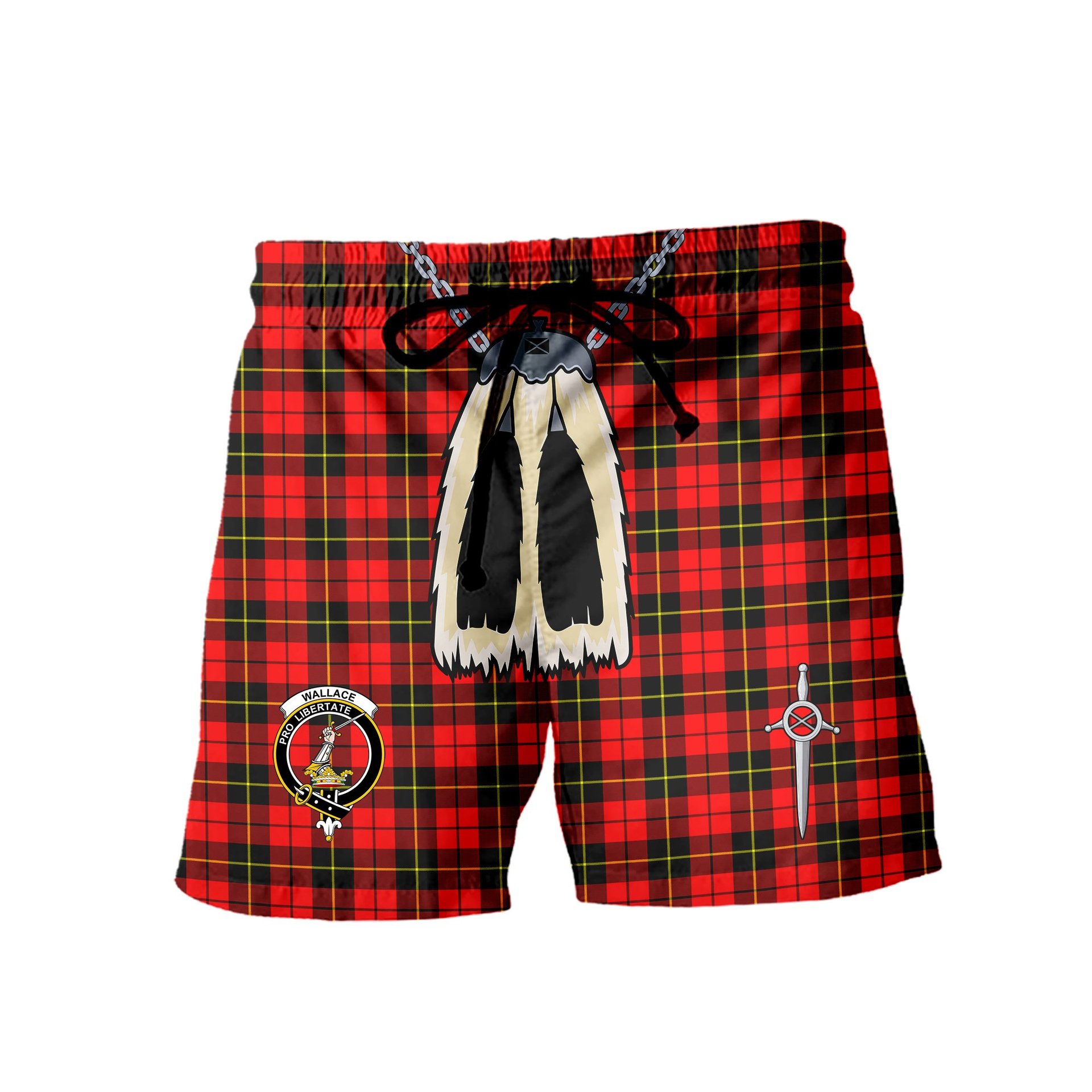ScotsTee Shop Scottish Wallace Hunting Red Clan Crest Men's Highland Kilt Sporran Tartan Shorts