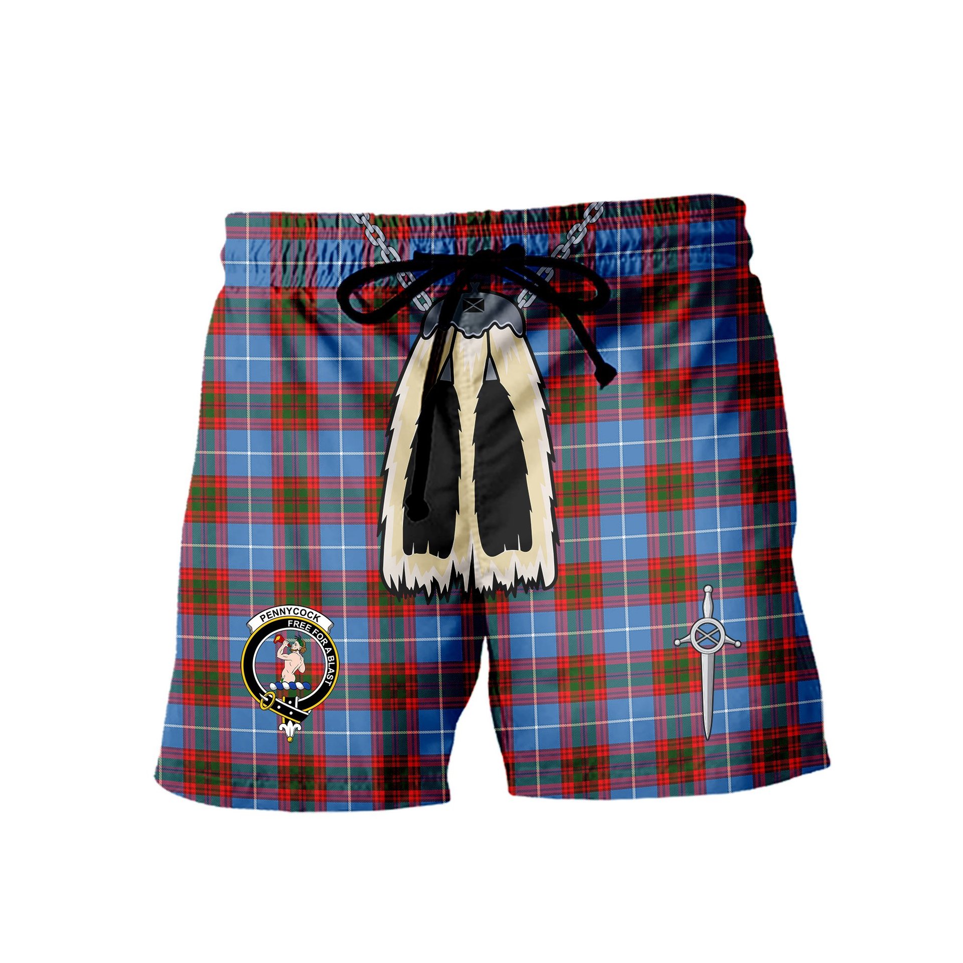 ScotsTee Shop Scottish Pennycook Clan Crest Men's Highland Kilt Sporran Tartan Shorts