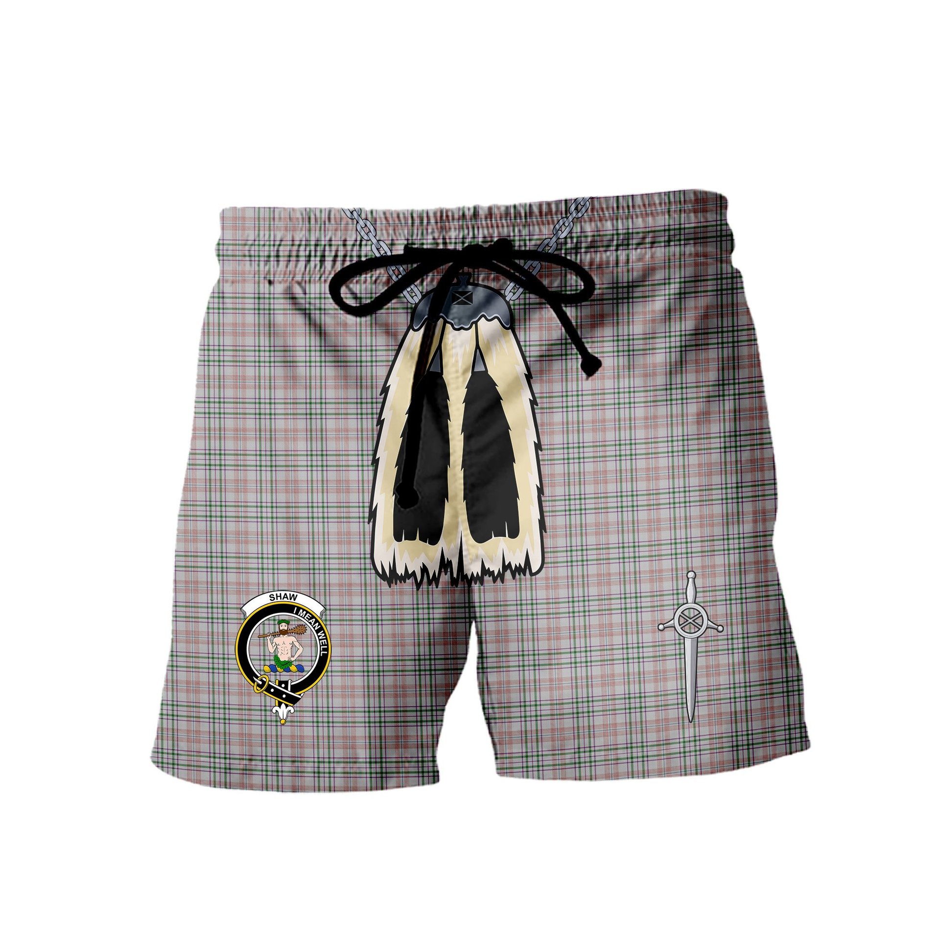 ScotsTee Shop Scottish Shaw Dress Clan Crest Men's Highland Kilt Sporran Tartan Shorts