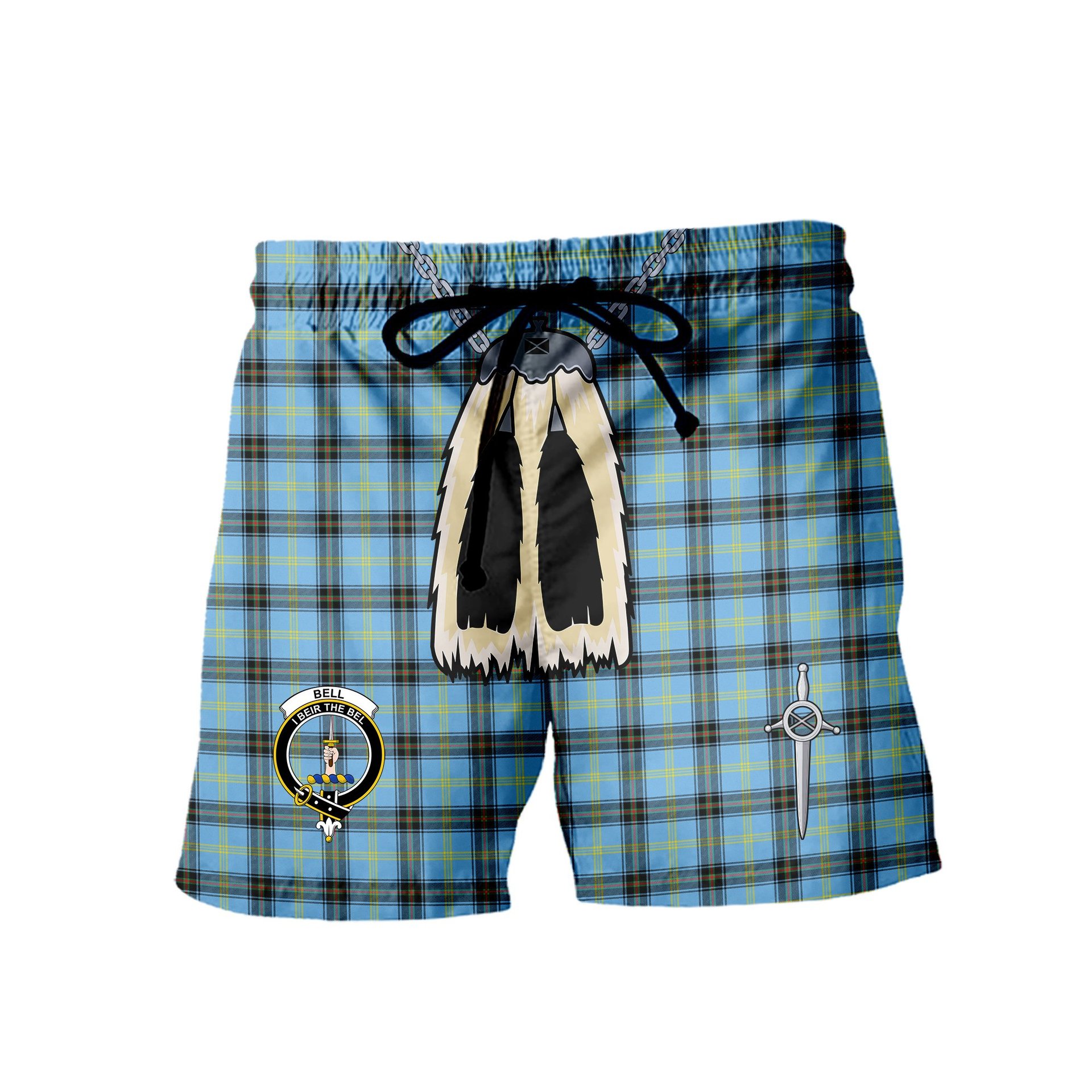 ScotsTee Shop Scottish Bell of the Borders Modern Clan Crest Men's Highland Kilt Sporran Tartan Shorts