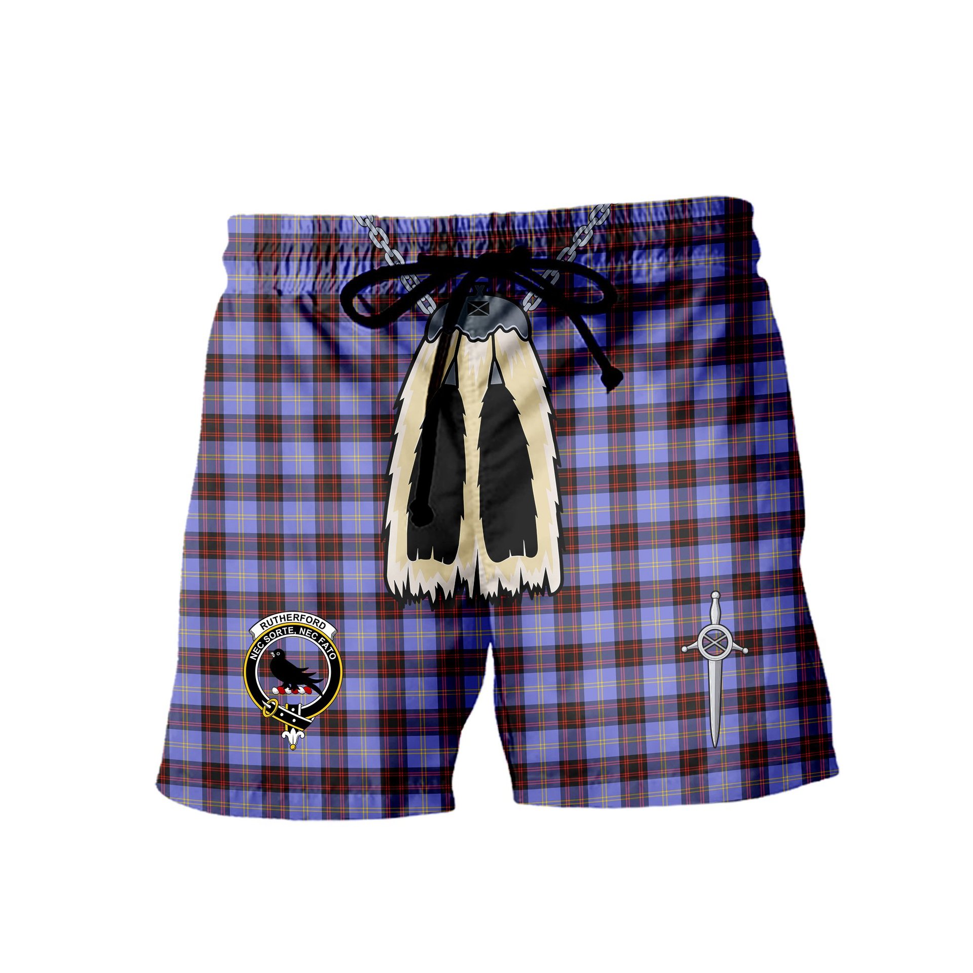 ScotsTee Shop Scottish Rutherford SC Clan Crest Men's Highland Kilt Sporran Tartan Shorts