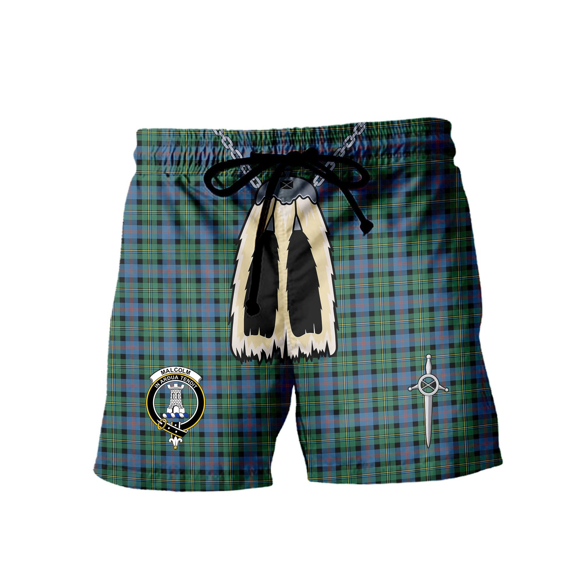 ScotsTee Shop Scottish Malcolm Ancient Clan Crest Men's Highland Kilt Sporran Tartan Shorts
