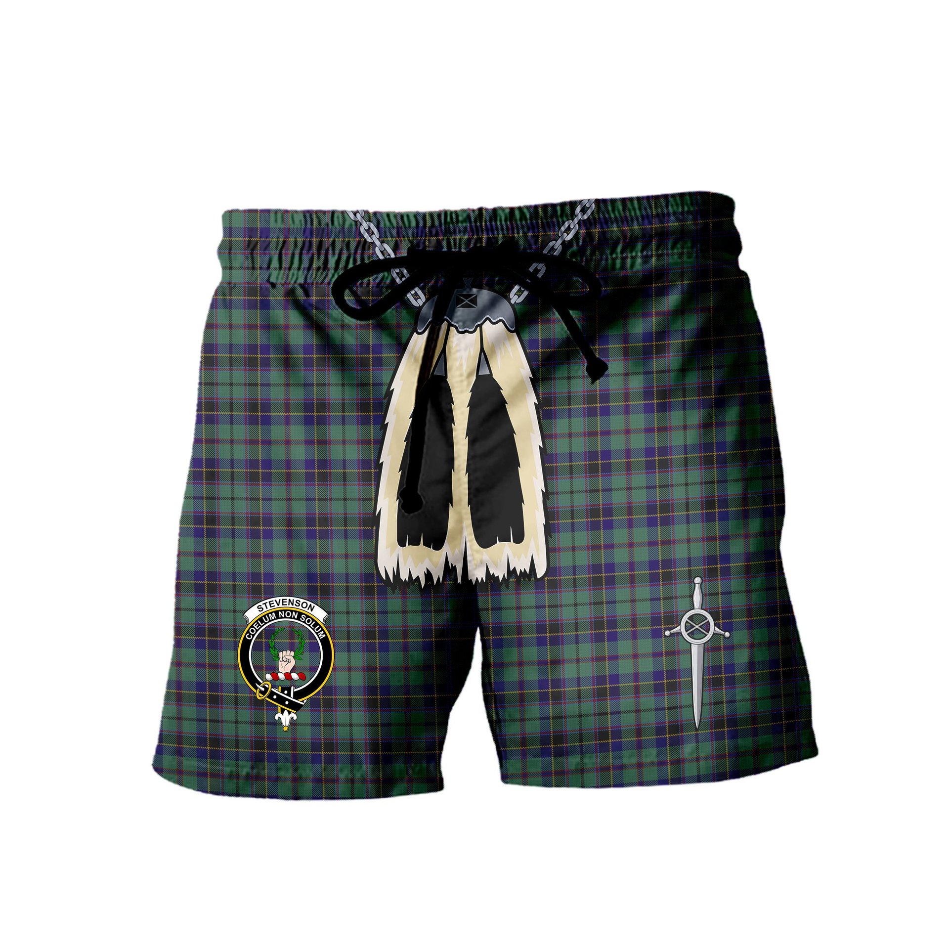 ScotsTee Shop Scottish Stevenson Clan Crest Men's Highland Kilt Sporran Tartan Shorts