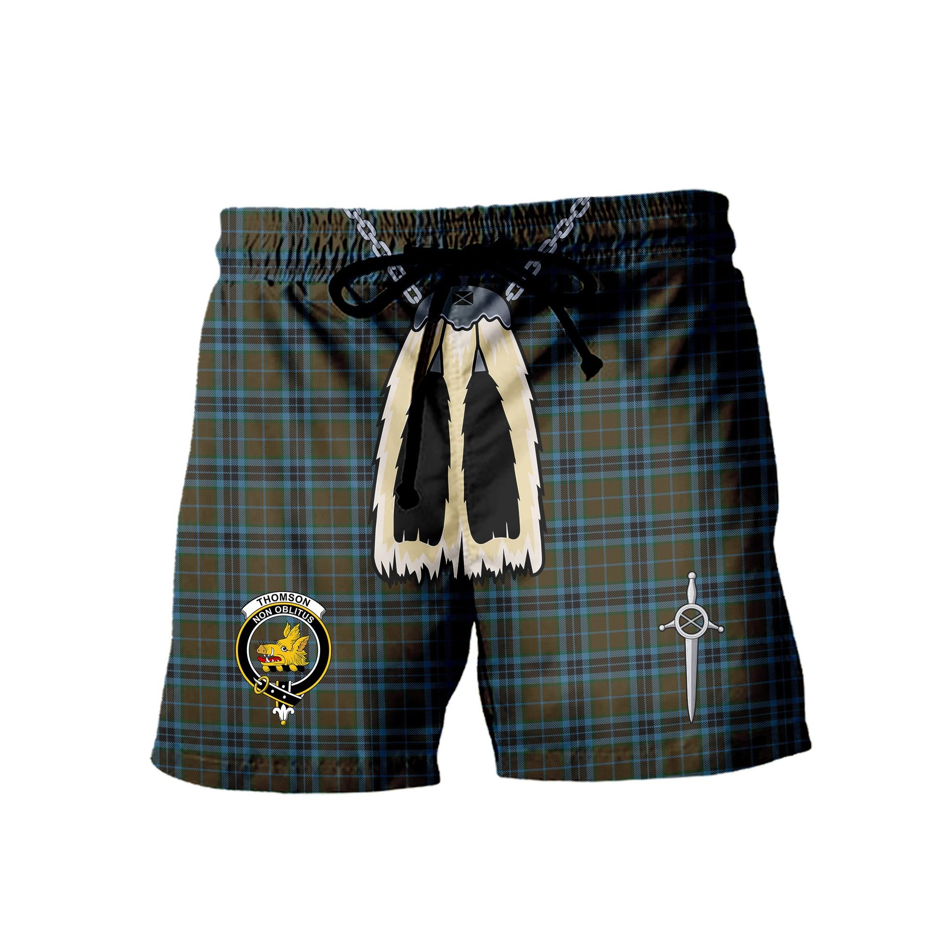 ScotsTee Shop Scottish Thomson Hunting Clan Crest Men's Highland Kilt Sporran Tartan Shorts