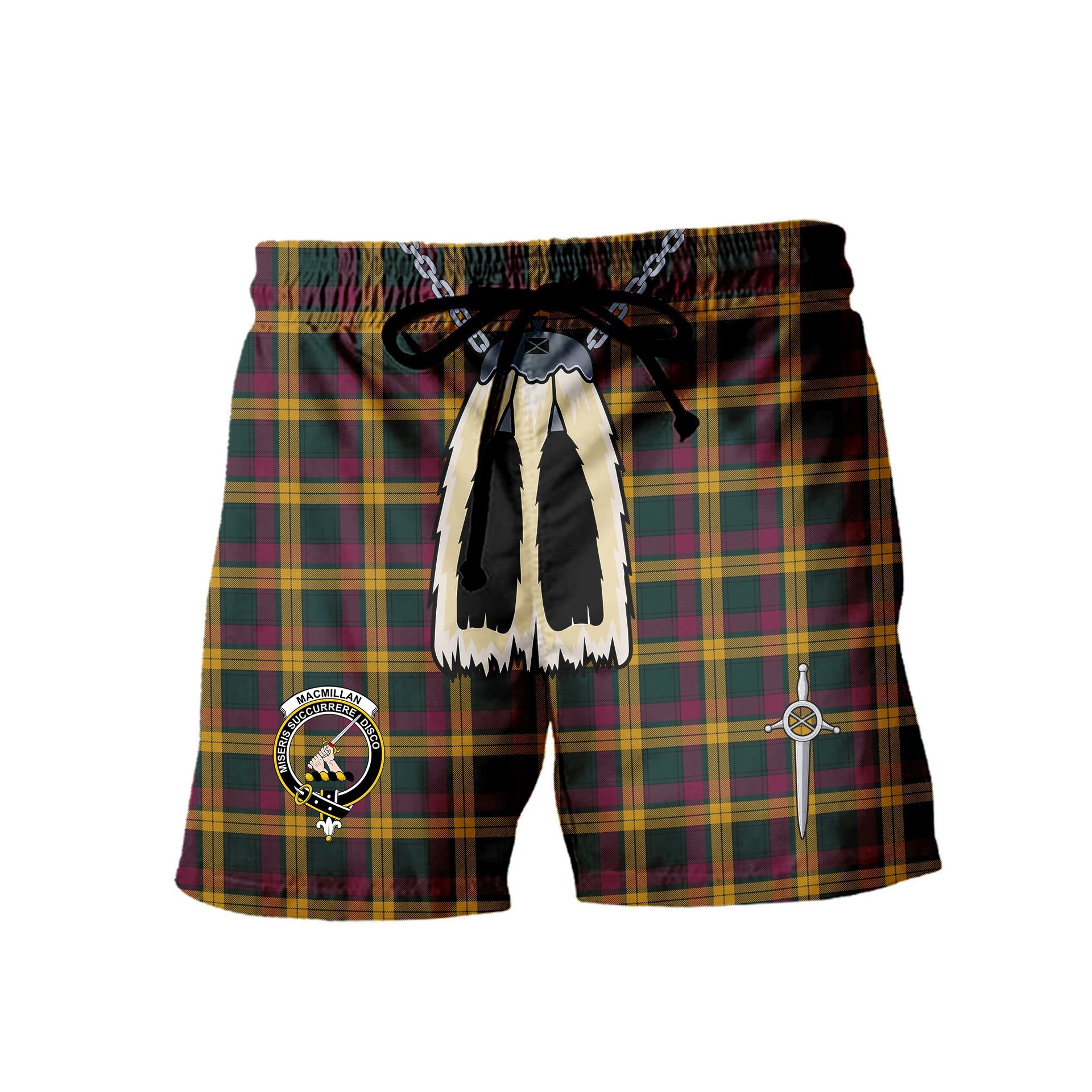 ScotsTee Shop Scottish MacMillan Modern Clan Crest Men's Highland Kilt Sporran Tartan Shorts