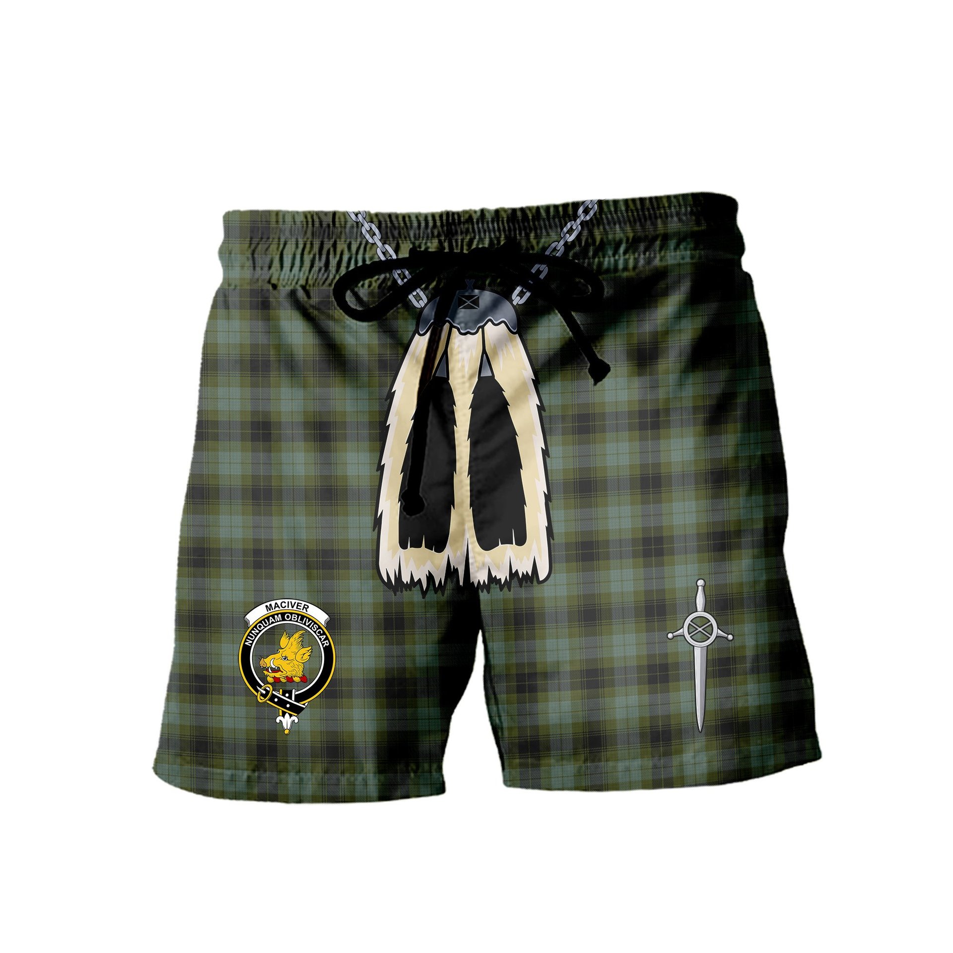 ScotsTee Shop Scottish MacIver Family Clan Crest Men's Highland Kilt Sporran Tartan Shorts