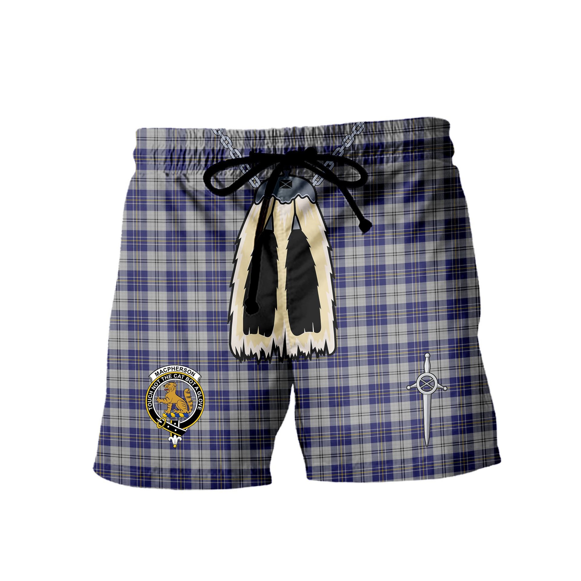 ScotsTee Shop Scottish MacPherson Dress Blue Clan Crest Men's Highland Kilt Sporran Tartan Shorts