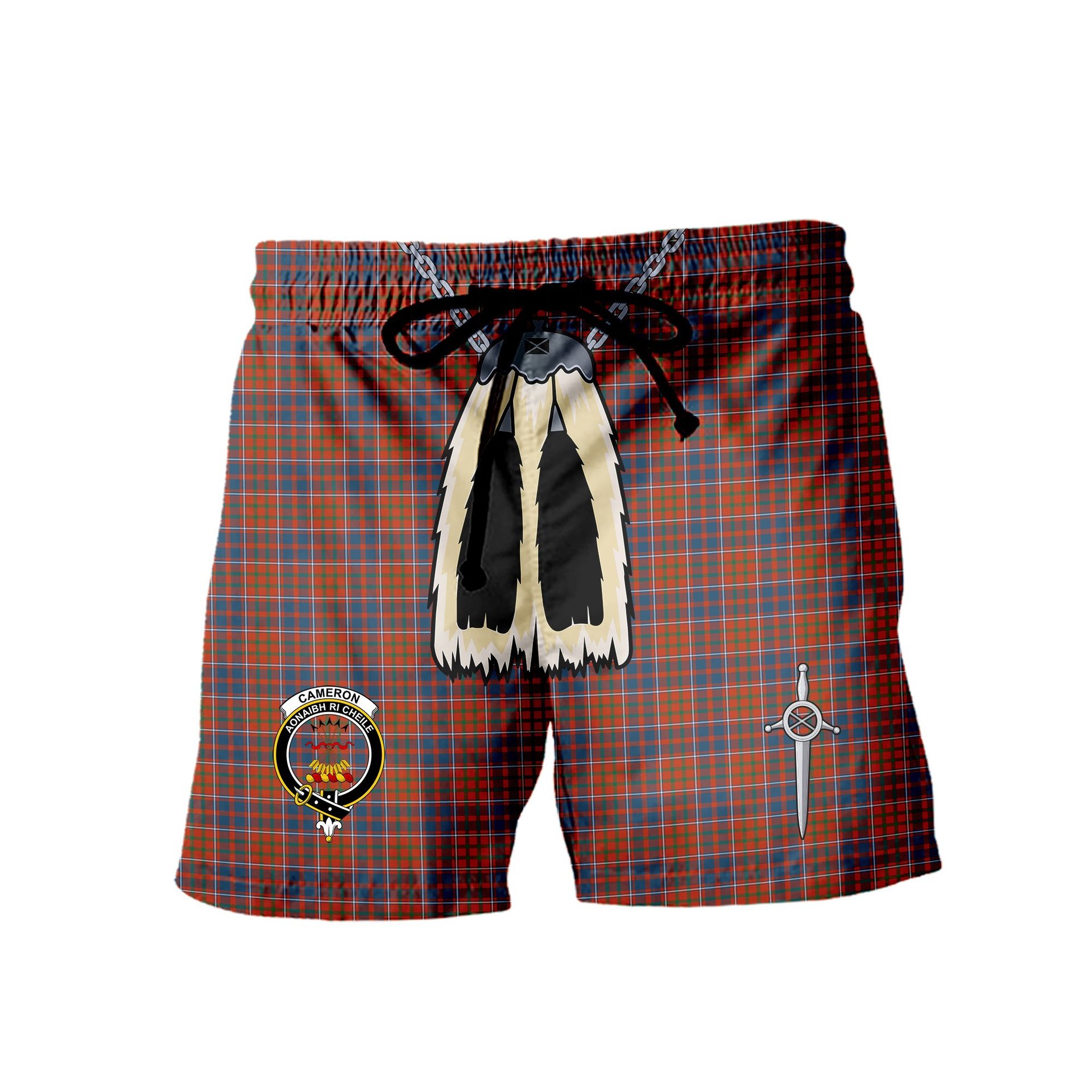 ScotsTee Shop Scottish Cameron of Lochiel Ancient Clan Crest Men's Highland Kilt Sporran Tartan Shorts