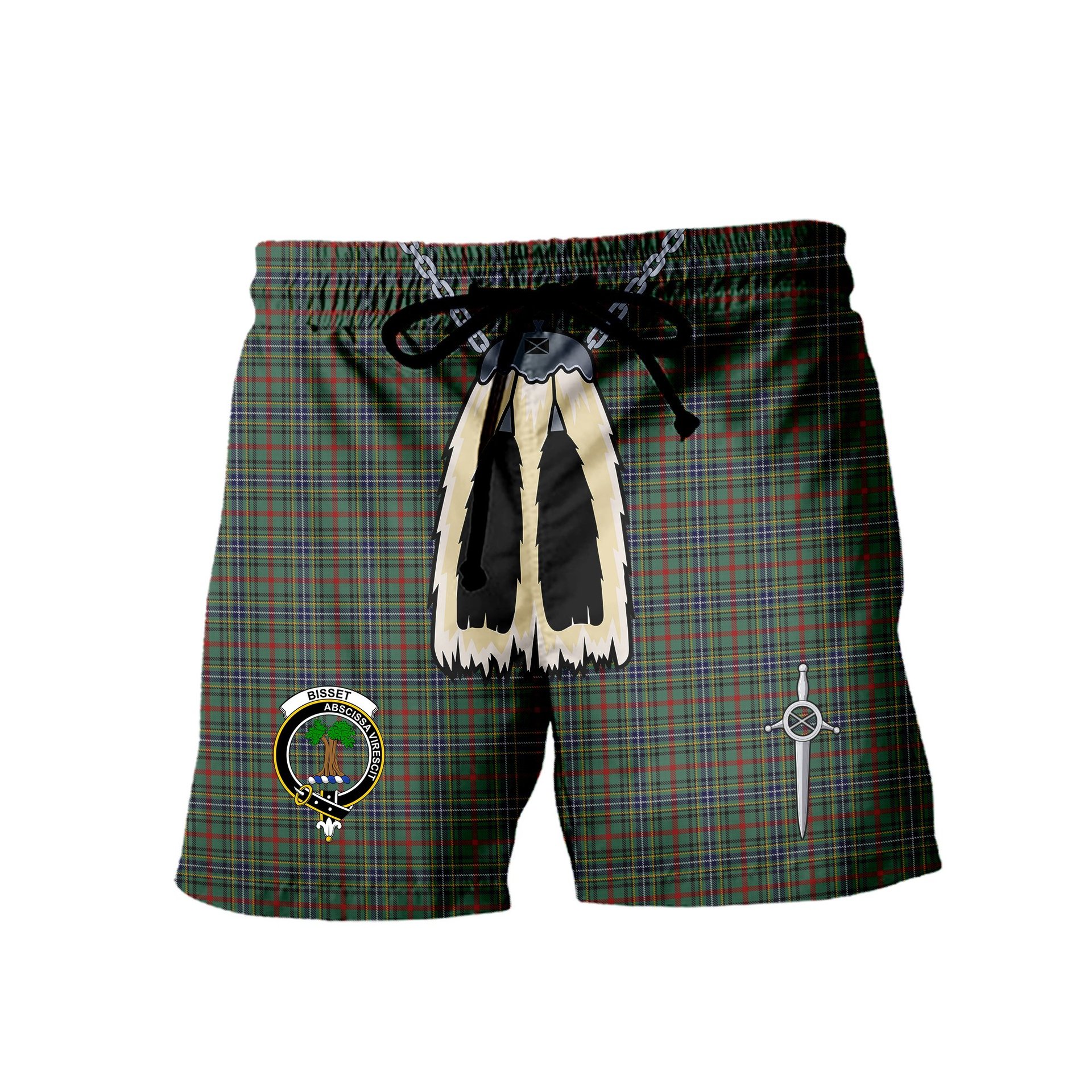 ScotsTee Shop Scottish Bisset Clan Crest Men's Highland Kilt Sporran Tartan Shorts
