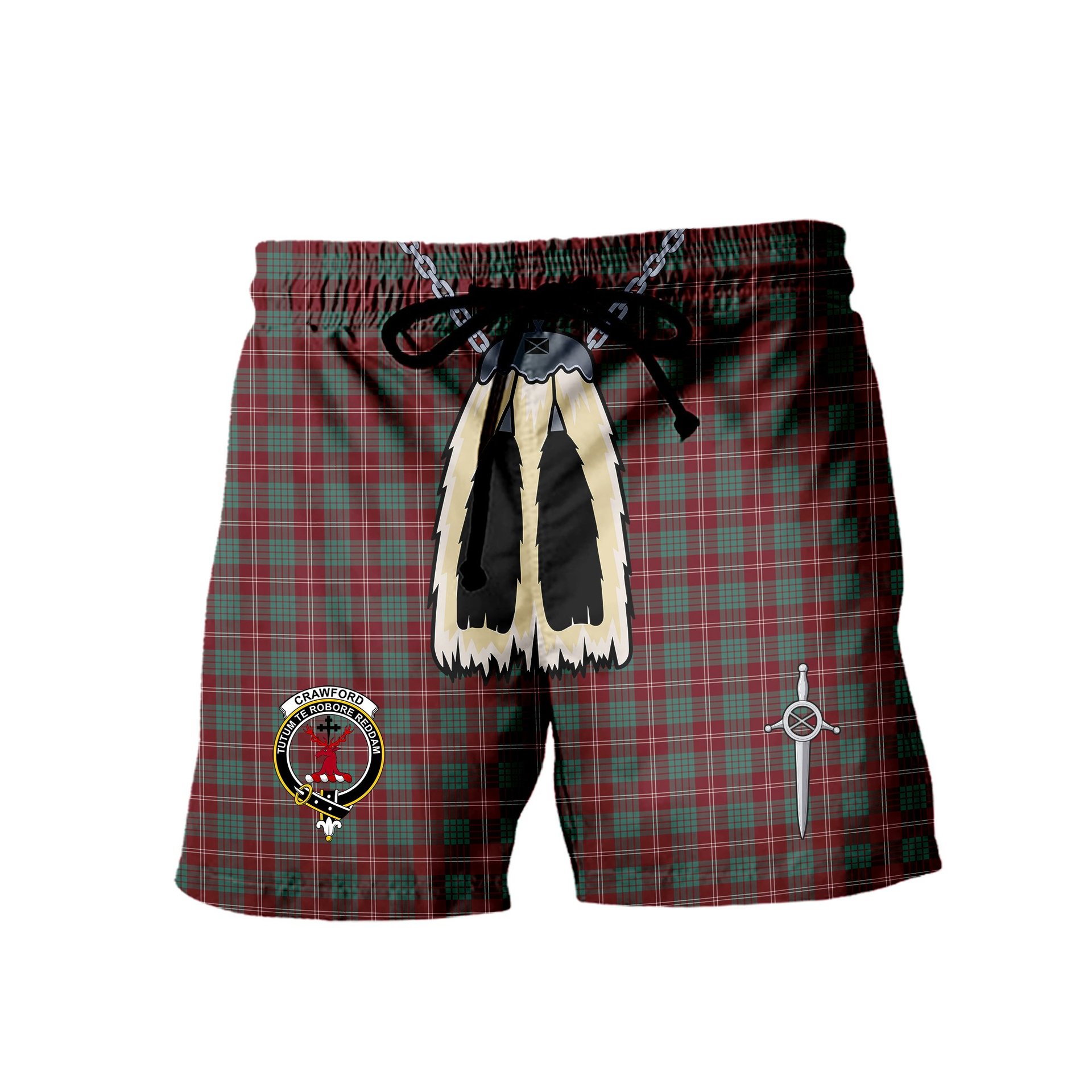 ScotsTee Shop Scottish Crawford Modern Clan Crest Men's Highland Kilt Sporran Tartan Shorts