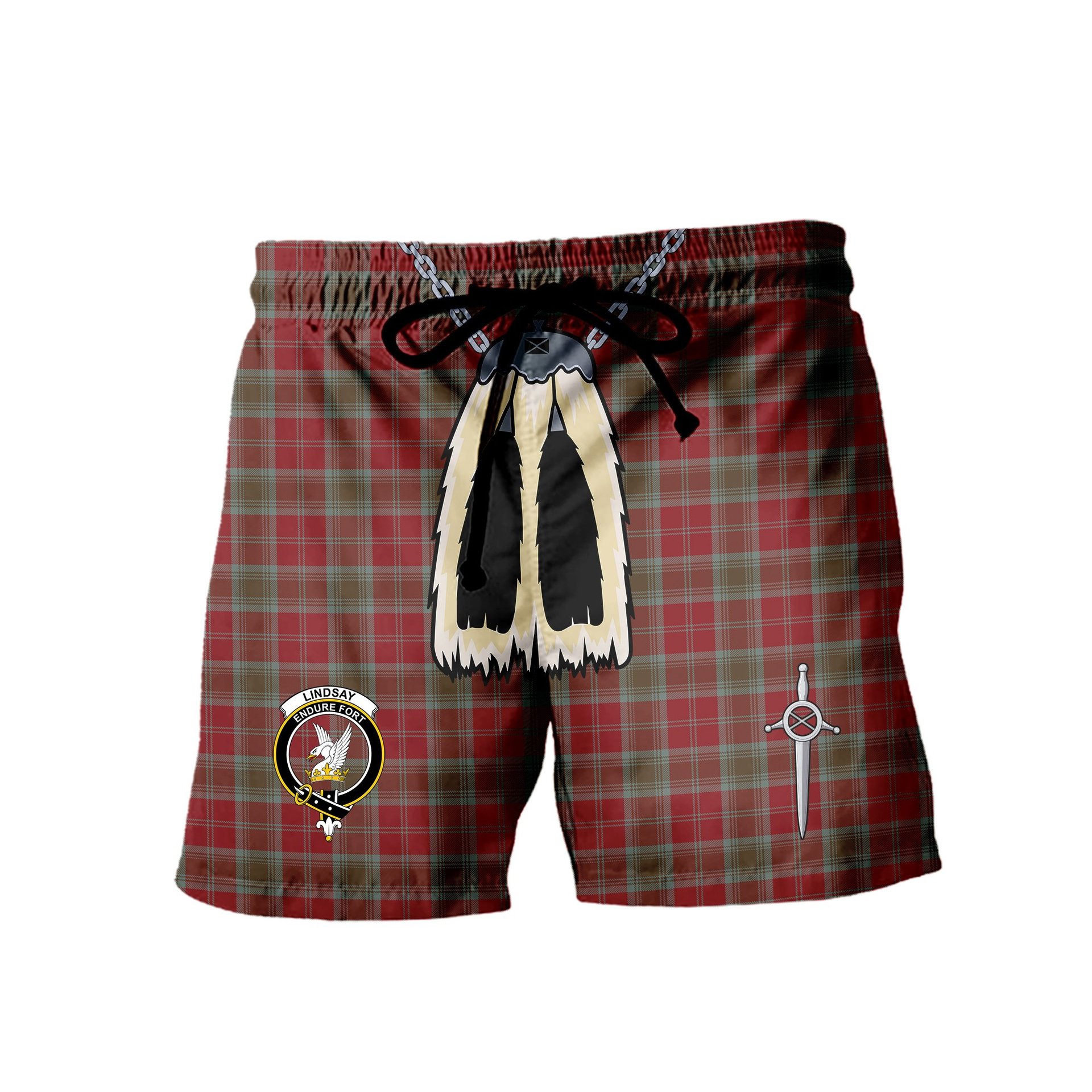 ScotsTee Shop Scottish Lindsay Weathered Clan Crest Men's Highland Kilt Sporran Tartan Shorts