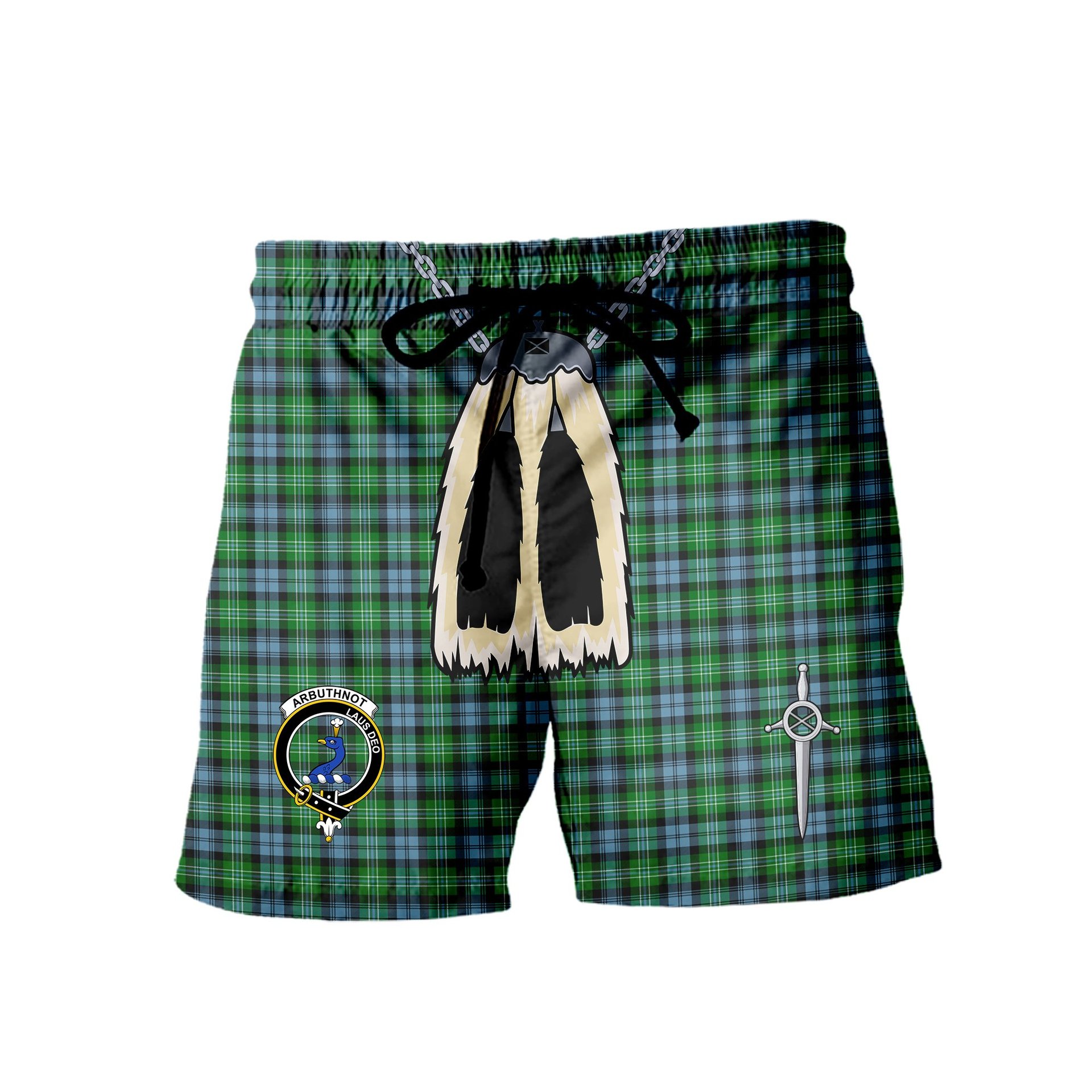 ScotsTee Shop Scottish Arbuthnot Ancient Clan Crest Men's Highland Kilt Sporran Tartan Shorts