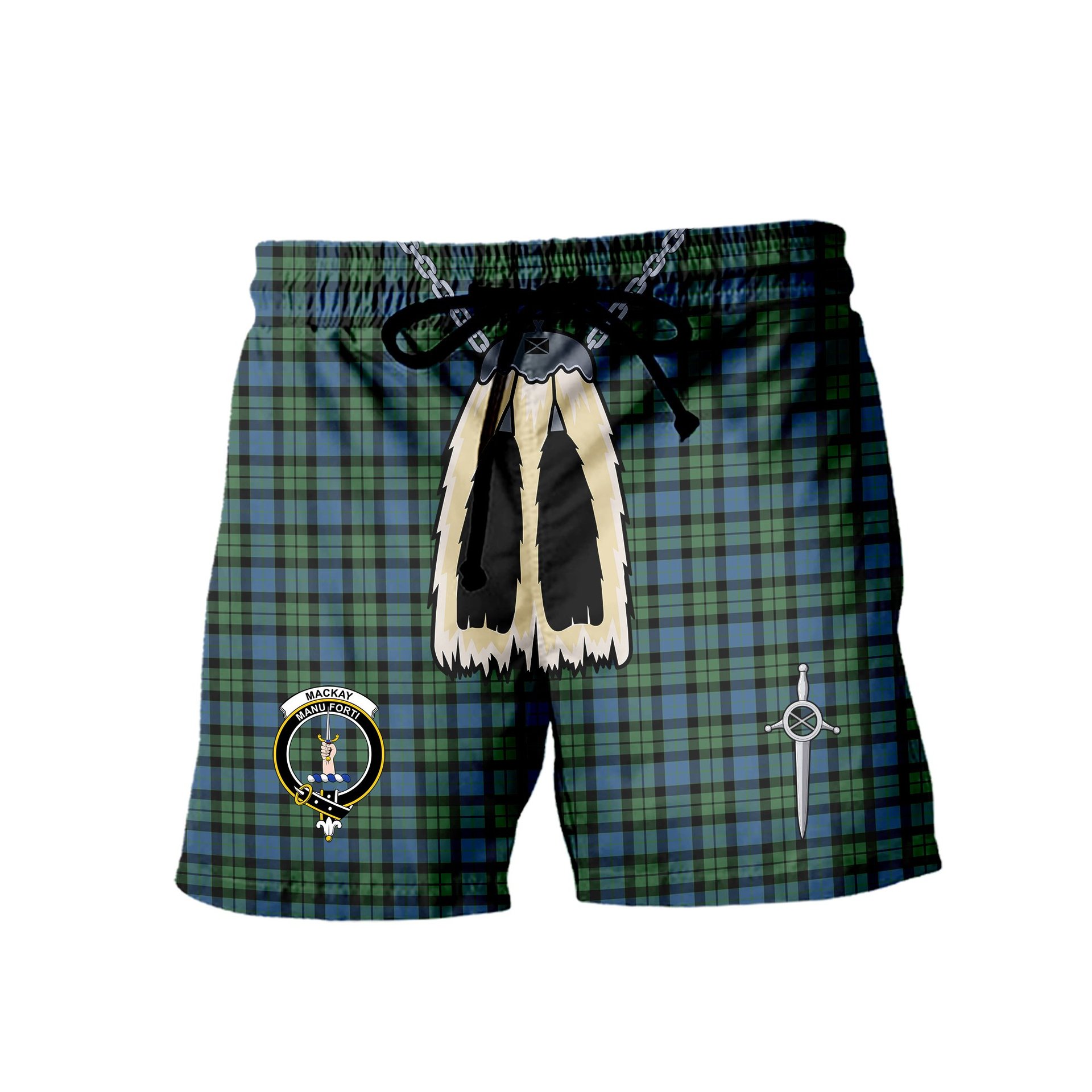 ScotsTee Shop Scottish MacKay Ancient Clan Crest Men's Highland Kilt Sporran Tartan Shorts
