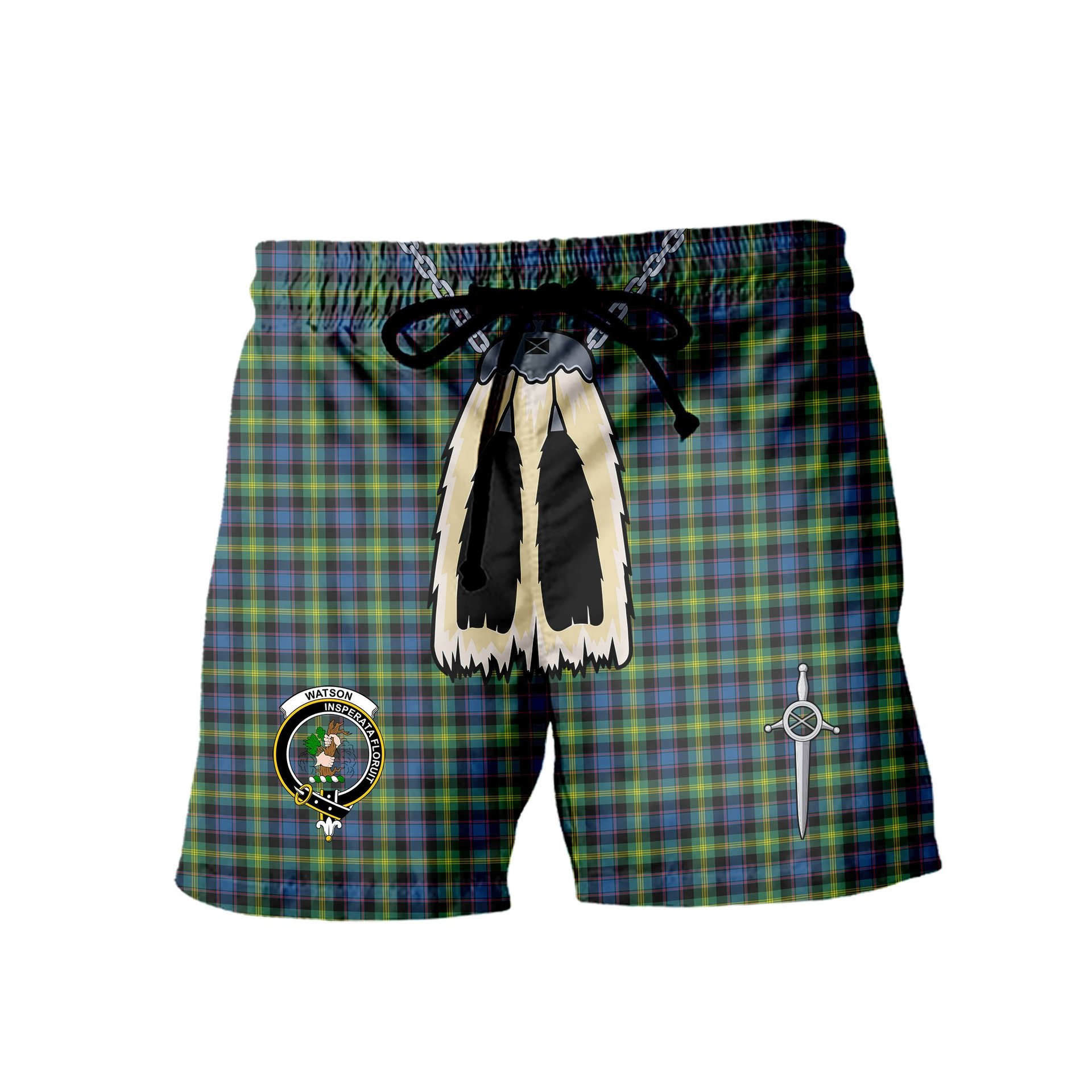 ScotsTee Shop Scottish Watson Ancient Clan Crest Men's Highland Kilt Sporran Tartan Shorts