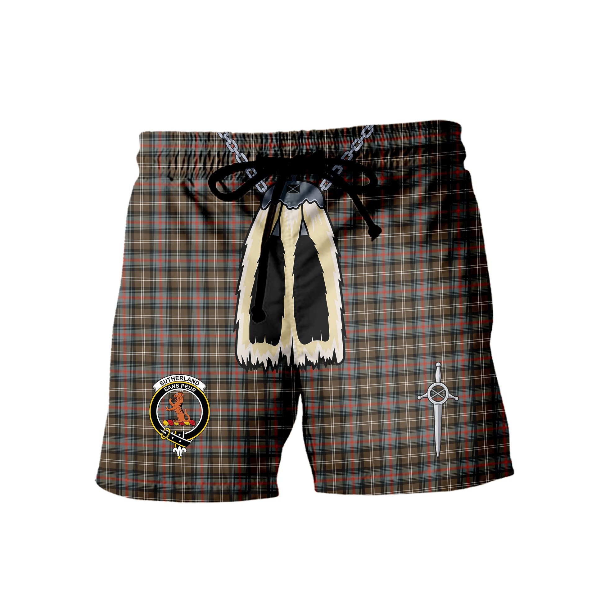 ScotsTee Shop Scottish Sutherland Weathered Clan Crest Men's Highland Kilt Sporran Tartan Shorts