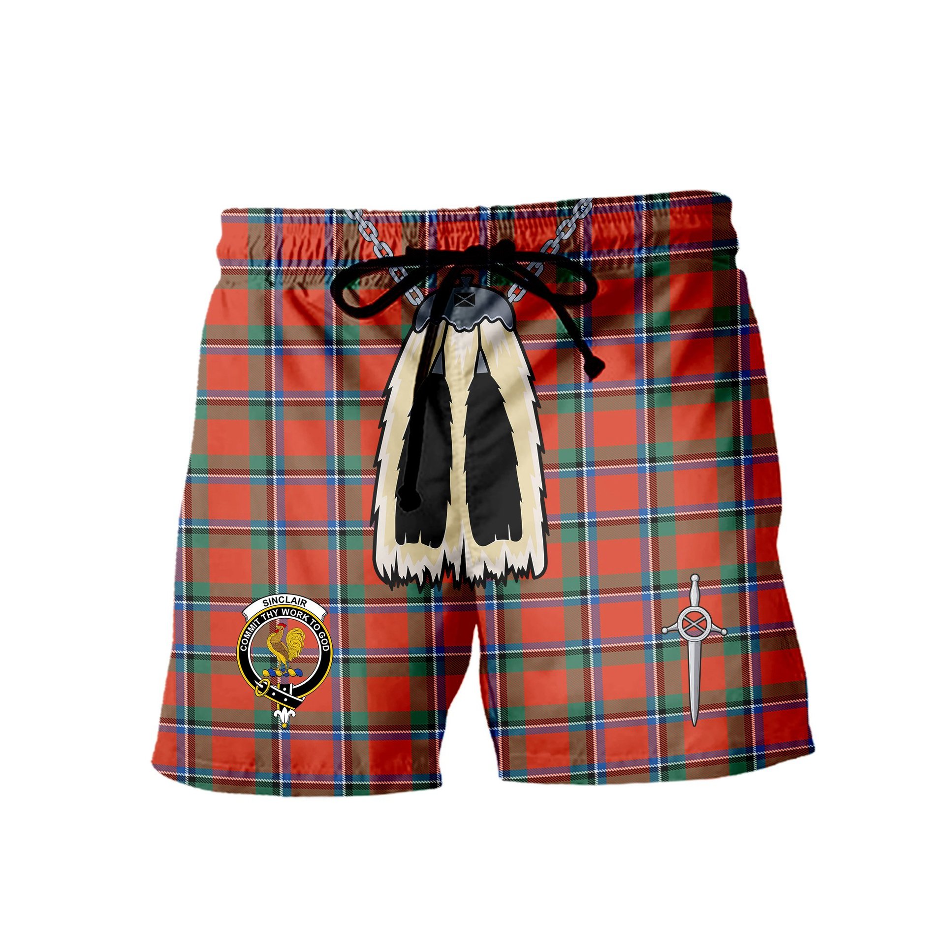 ScotsTee Shop Scottish Sinclair Ancient Clan Crest Men's Highland Kilt Sporran Tartan Shorts