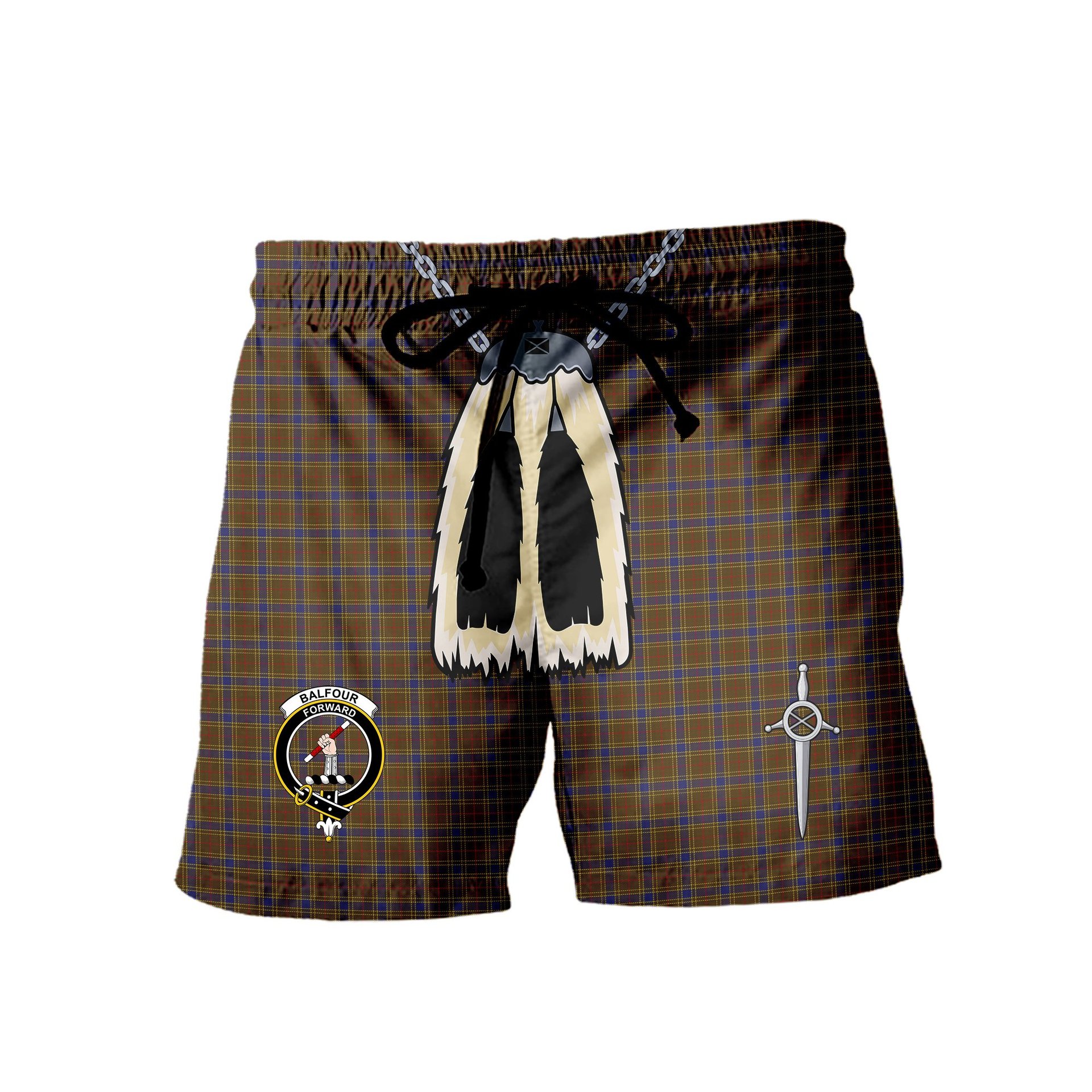 ScotsTee Shop Scottish Balfour 2 Clan Crest Men's Highland Kilt Sporran Tartan Shorts