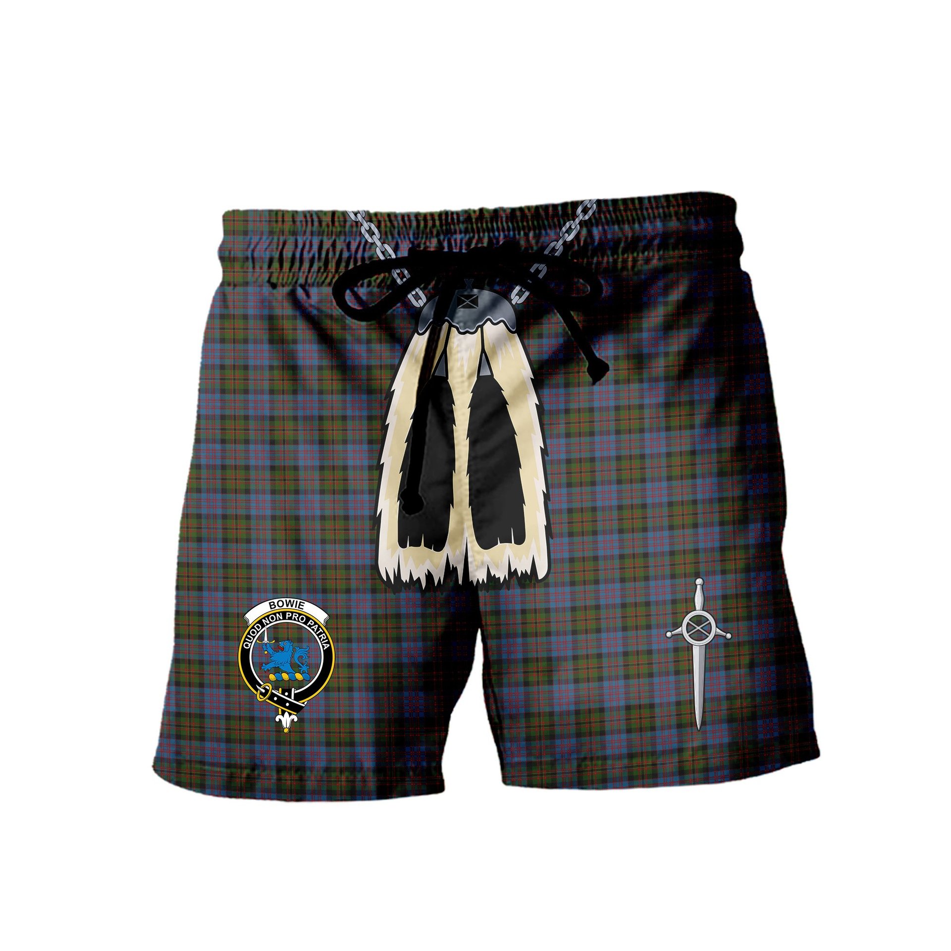 ScotsTee Shop Scottish Bowie Clan Crest Men's Highland Kilt Sporran Tartan Shorts