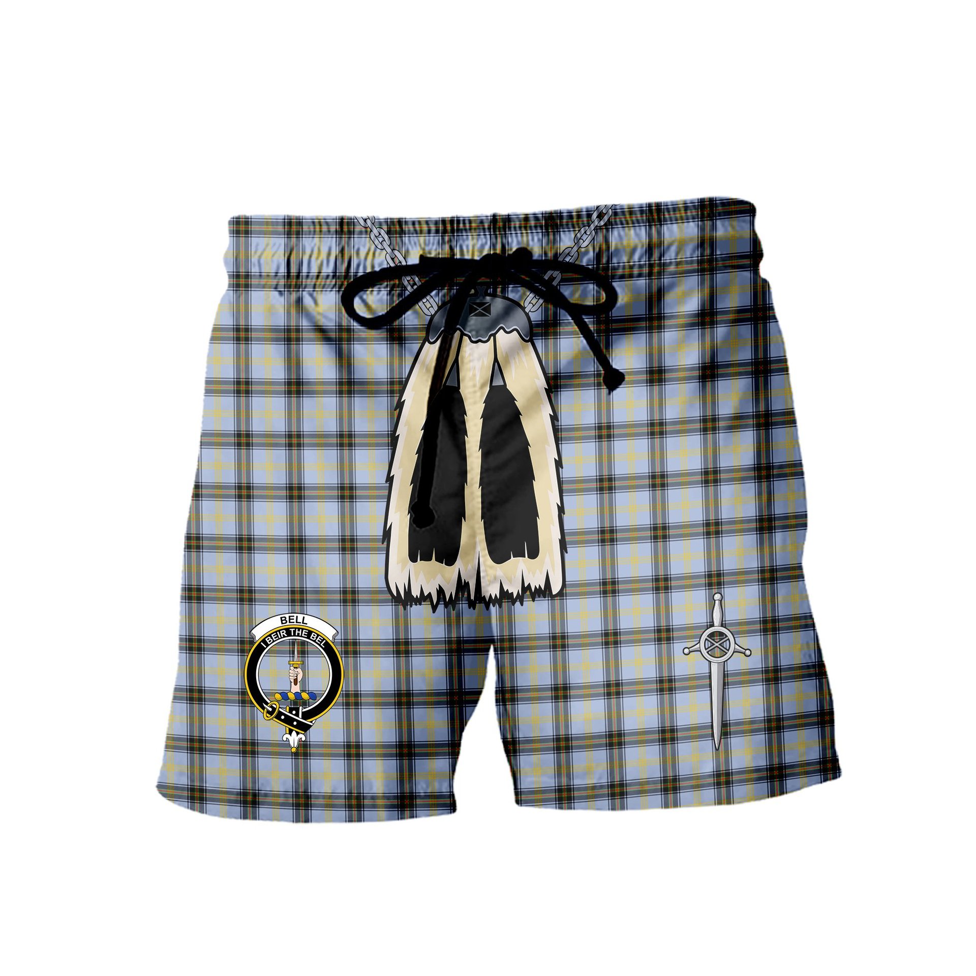 ScotsTee Shop Scottish Bell of the Borders SC Clan Crest Men's Highland Kilt Sporran Tartan Shorts