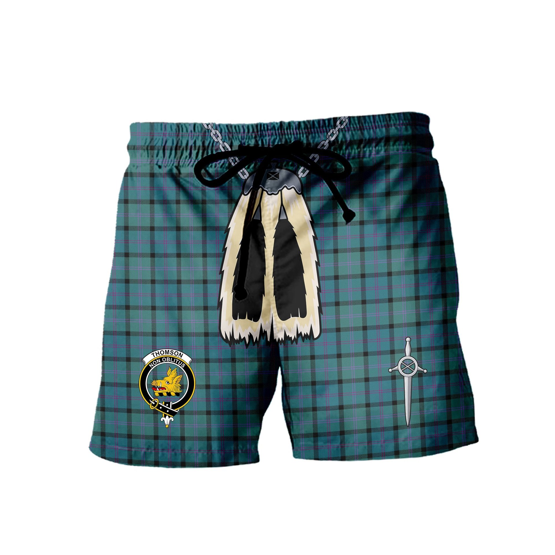 ScotsTee Shop Scottish Thomson Ancient Clan Crest Men's Highland Kilt Sporran Tartan Shorts